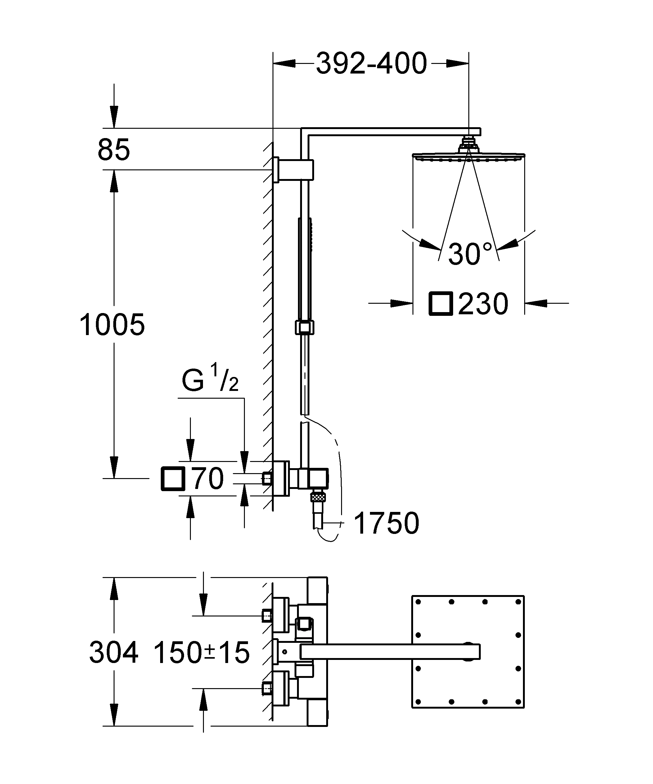 Duschsystem Euphoria Cube System 230 26087, mit Aufputz-Thermostatbatterie, Wandmontage, chrom