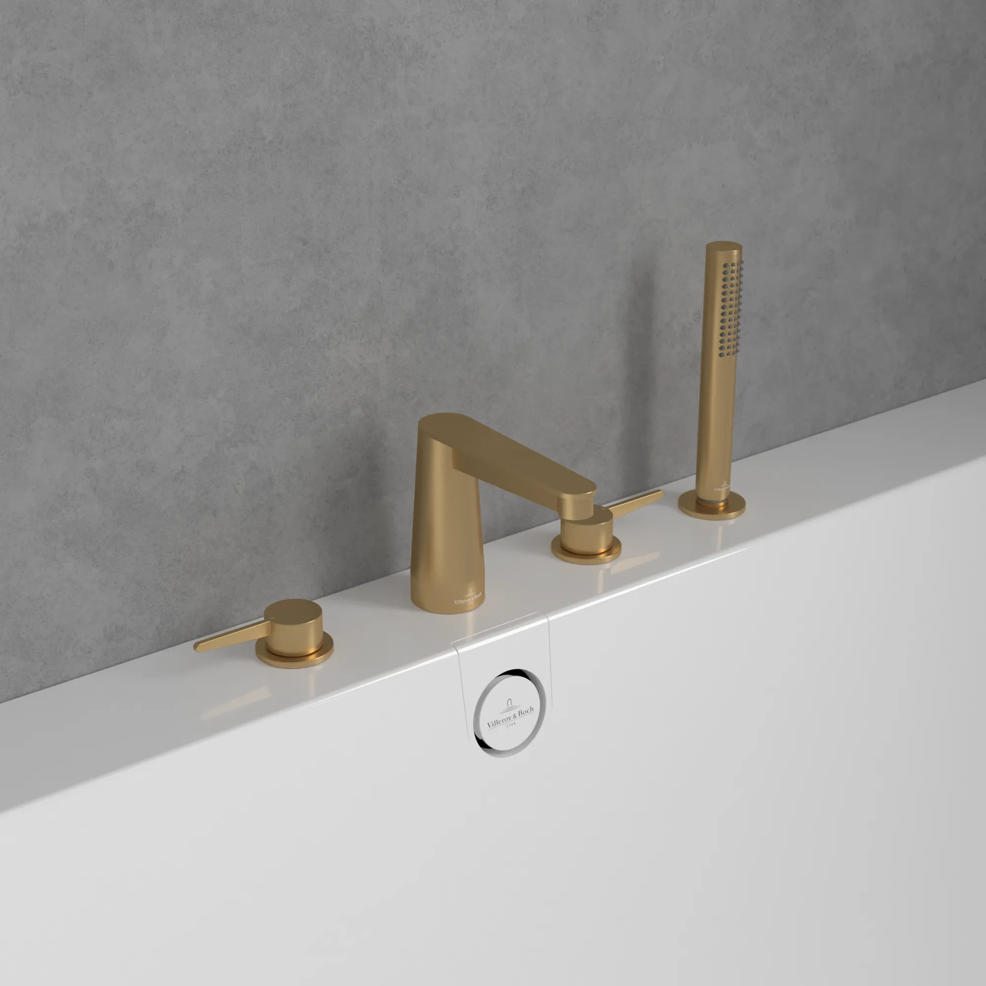 Villeroy & Boch Conum Vierloch-Badewannenrandarmatur, Brushed Gold, 455x165x124 mm, Höhe 124 mm, inkl. Schlauch und Handbrause Villeroy & Boch Conum Vierloch-Badewannenrandarmatur, Brushed Gold, 455x165x124 mm, Höhe 124 mm, inkl. Schlauch und Handbrause