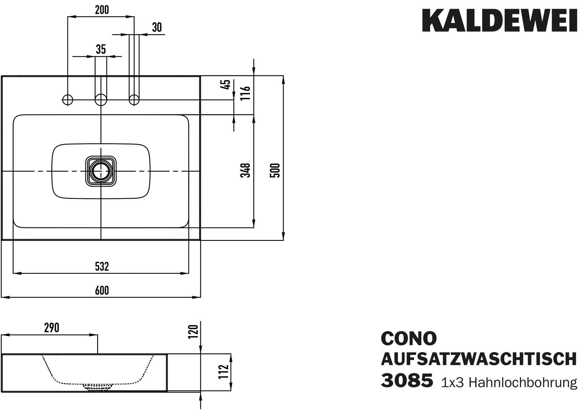 Kaldewei CONO Aufsatzwaschtisch, alpinweiß, 600x500 mm, Randhöhe 120 mm, ohne Überlauf, Perl-Effekt, Antidröhn, 3er Hahnlochbohrung Kaldewei CONO Aufsatzwaschtisch, alpinweiß, 600x500 mm, Randhöhe 120 mm, ohne Überlauf, Perl-Effekt, Antidröhn, 3er Hahnlochbohrung