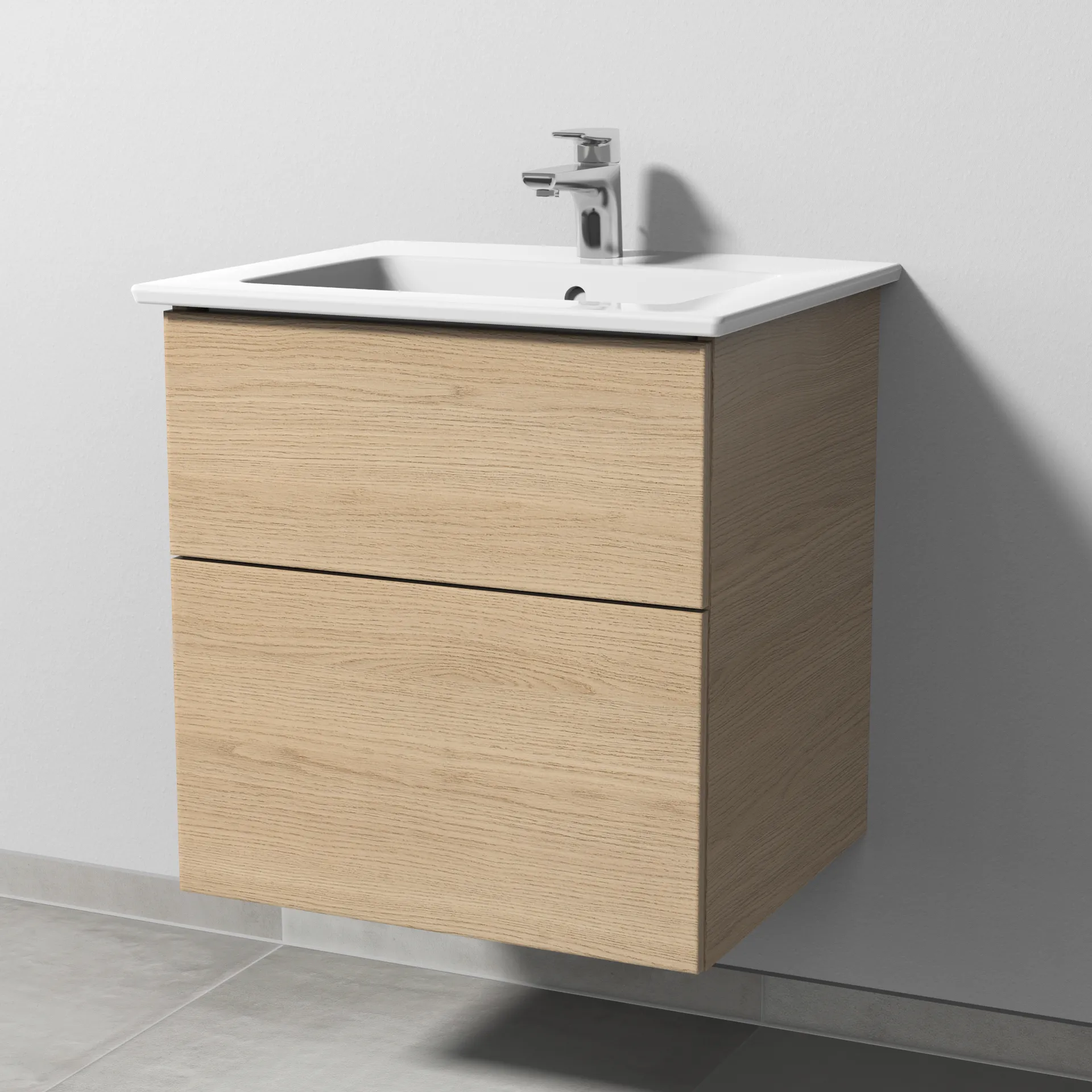 Keramik-Waschtisch-Set mit Waschtischunterschrank „3way“ 55,5 × 47,7 × 59,1 cm in Eiche Nordic, mit Hahnlochbohrung, Becken mittig