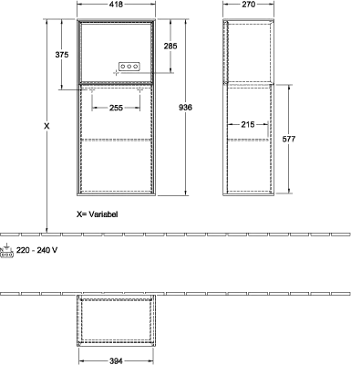 Villeroy & Boch Seitenschrank „Finion“ 41,8 × 93,6 cm 1 Tür, Anschlag rechts, mit Regalelement-Beleuchtung Anschlag rechts