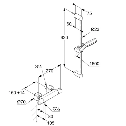 Kludi-DIVE S Shower-Duo 3S Wandstange L=600mm chrom - Thermostat-Brause-Armatur mit 3 Strahlarten und höhenverstellbarer Handbrausehalterung