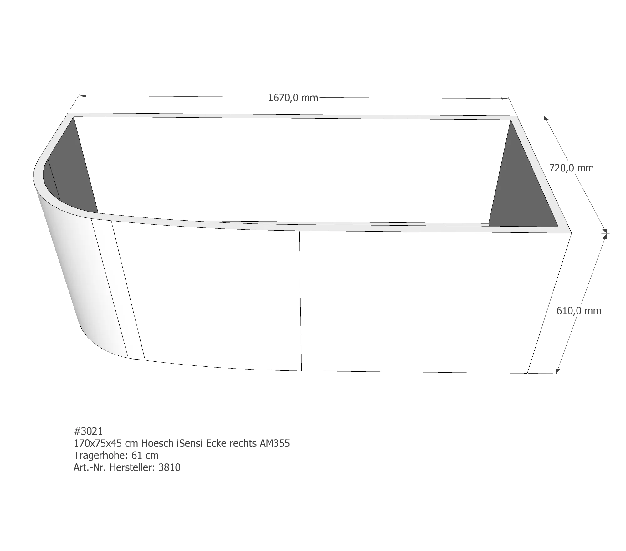 Badewannenträger passend für Hoesch iSensi rechts 170 × 75 × 45 cm