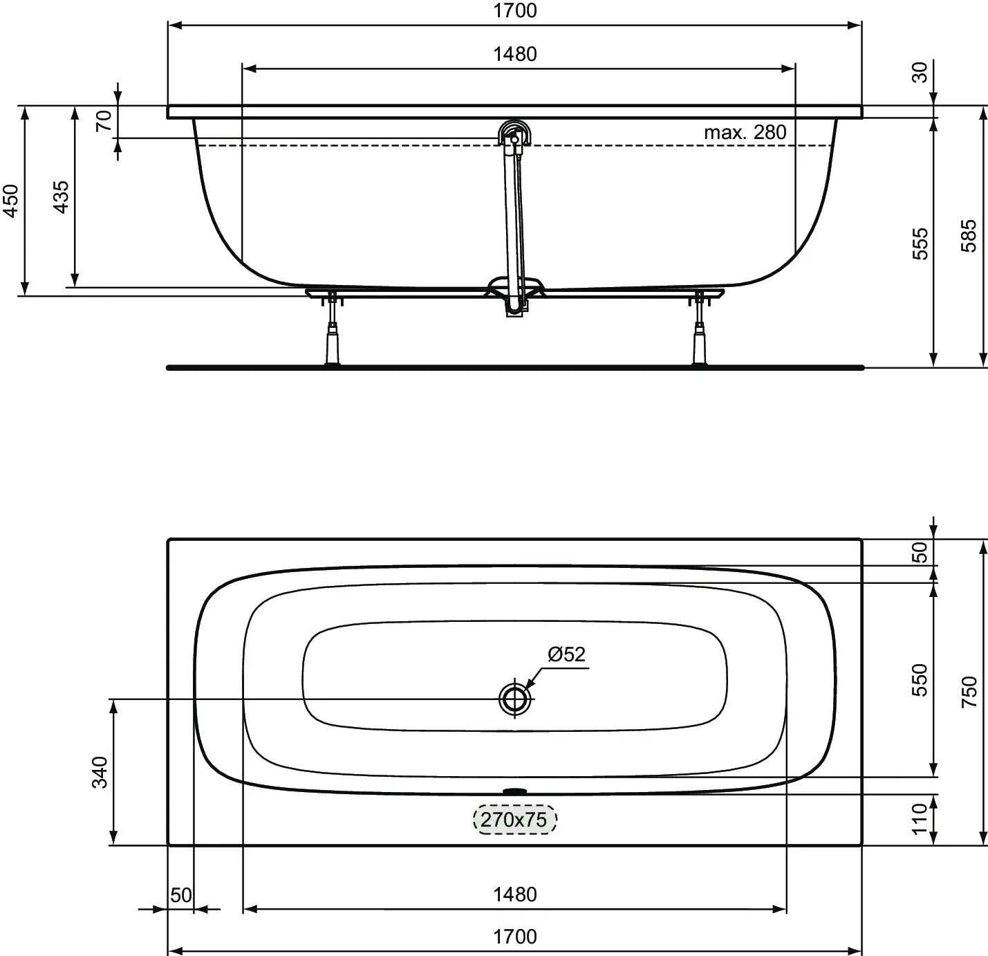 Ideal Standard Badewanne „i.life“ 75 × 170 cm