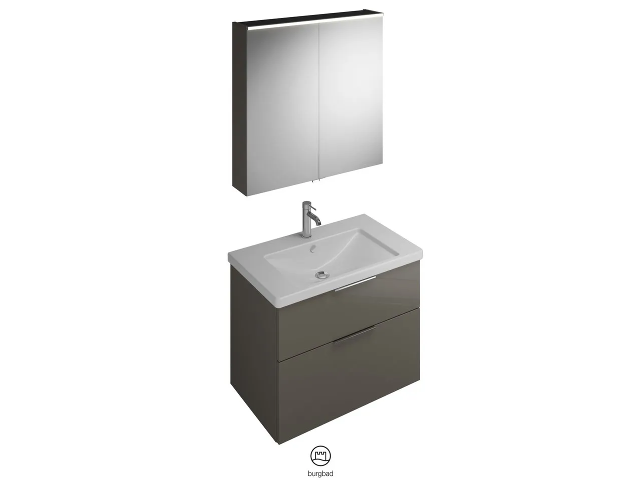 burgbad Badmöbelset Keramik-Waschtisch inkl. Waschtischunterschrank und Spiegelschrank „Eqio“ 83 cm Griffleiste, Schwarz Matt, in Grau Hochglanz burgbad Badmöbelset Keramik-Waschtisch inkl. Waschtischunterschrank und Spiegelschrank „Eqio“ 83 cm Griffleiste, Schwarz Matt, in Grau Hochglanz