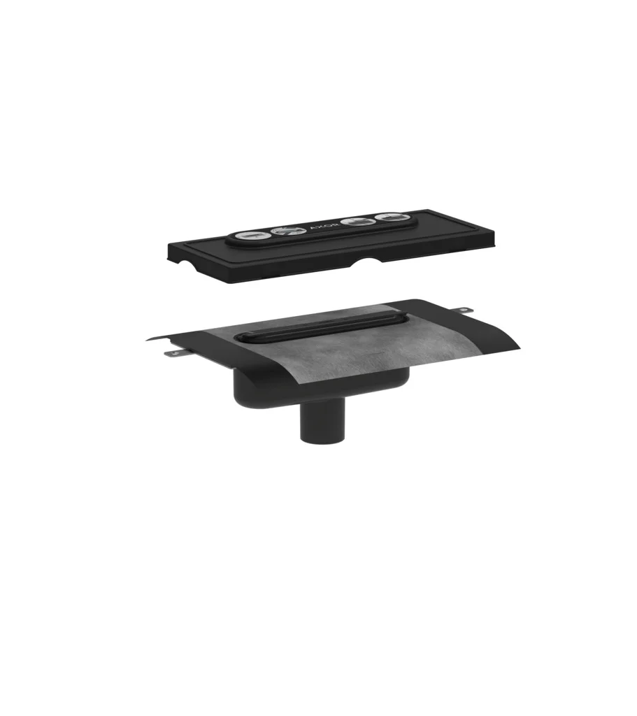 Hansgrohe AXOR uBox universal Duschrinnen-Ablaufgehäuse für vertikale Installation, DN50, Sperrwasserhöhe 50 mm, Mindestbauhöhe 75 mm, bis zu 33 l/min Ablaufleistung mit Siphon