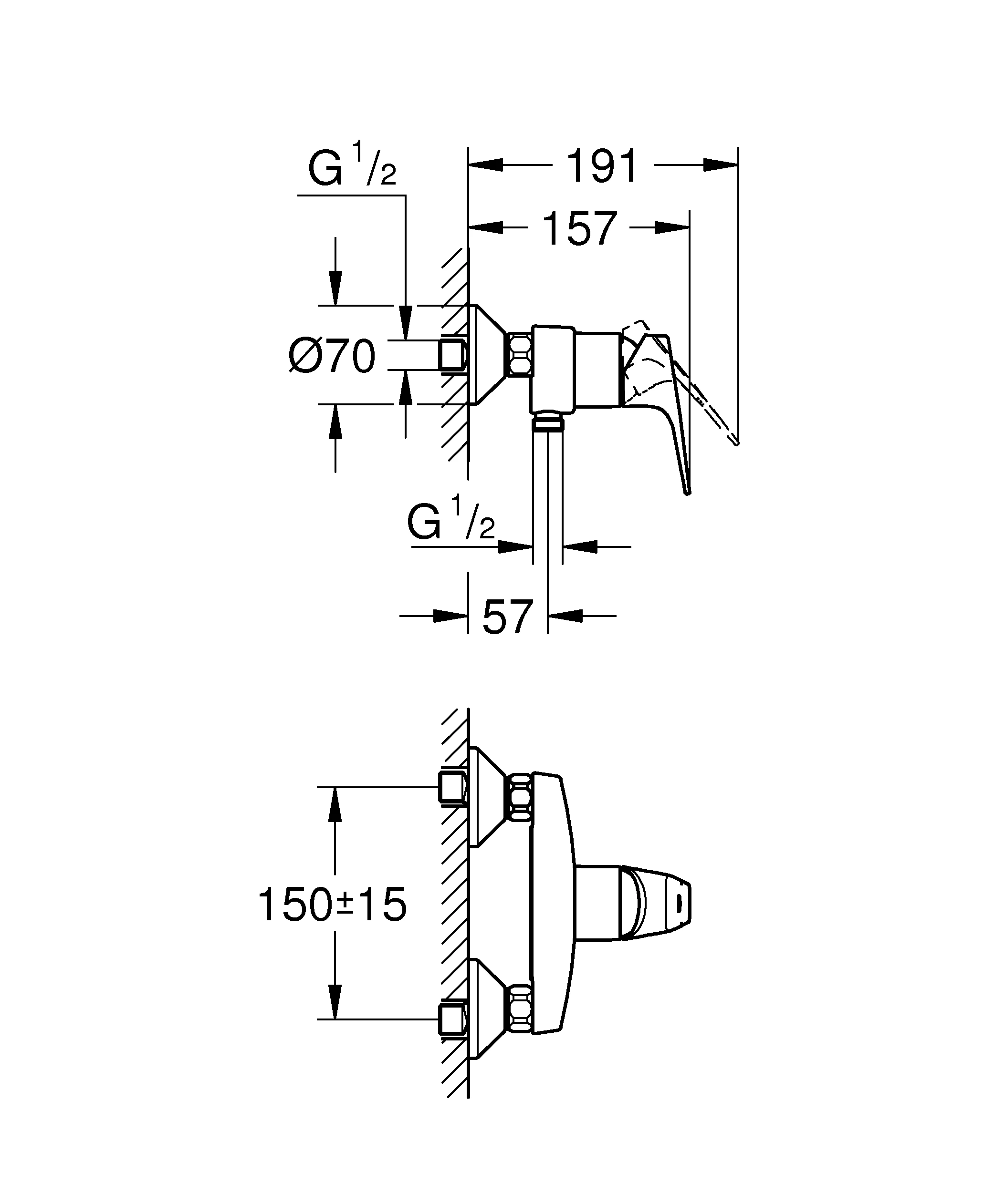 Einhand-Brausebatterie BauFlow 23755, Wandmontage, eigensicher, chrom