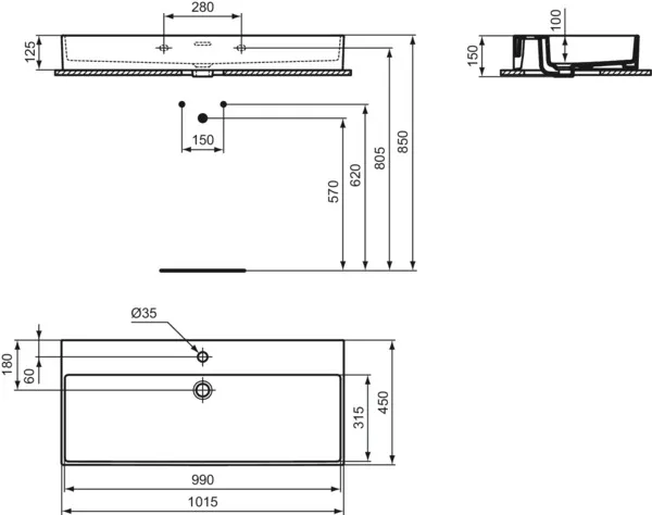Waschbecken „Extra“ 100 × 45 × 15 cm, Hahnlochposition mittig in Seidenweiß Waschbecken „Extra“ 100 × 45 × 15 cm, Hahnlochposition mittig in Seidenweiß