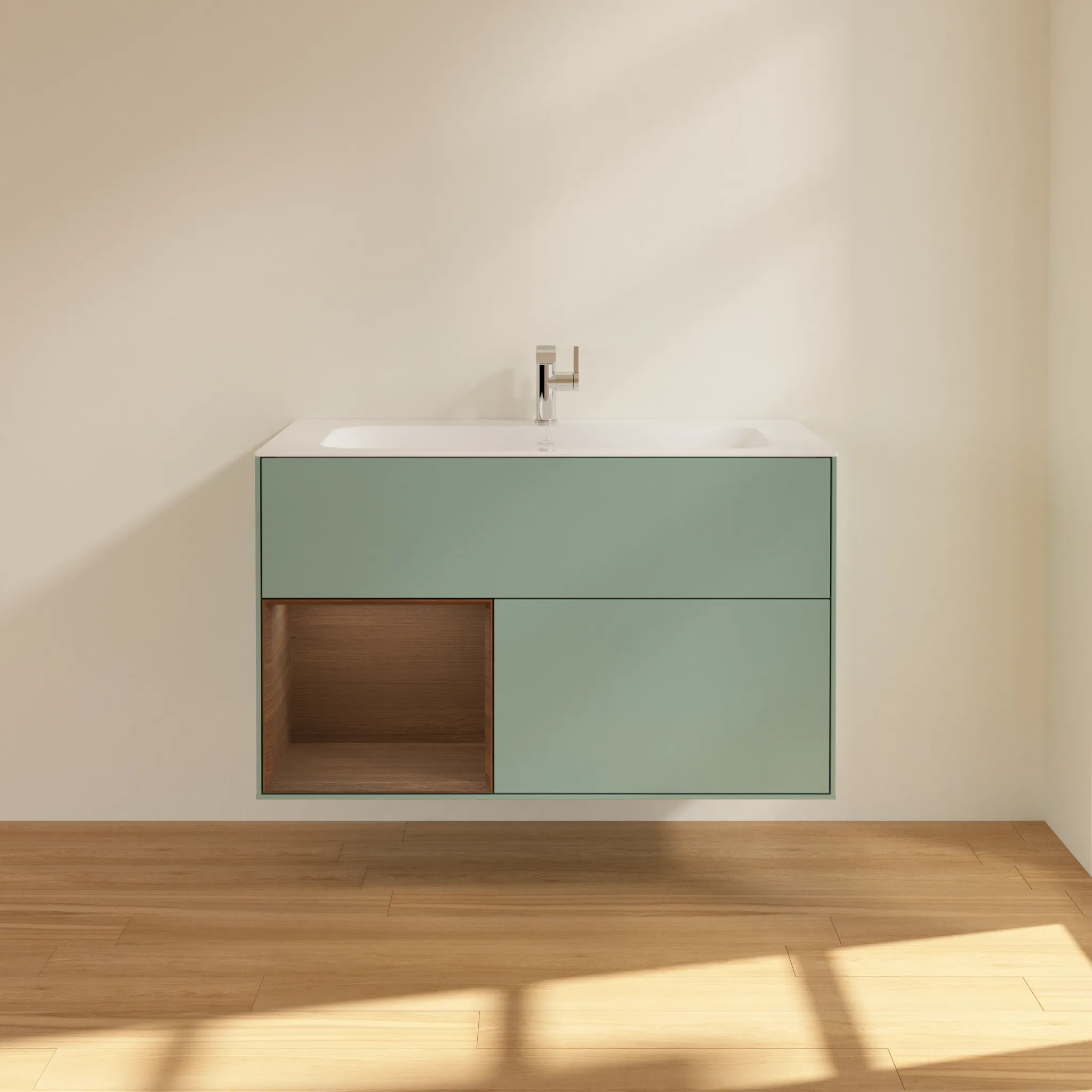 Villeroy & Boch Finion Waschbeckenunterschrank F03 996x591x498mm Olive Matt Lacquer/Walnut Veneer Villeroy & Boch Finion Waschbeckenunterschrank F03 996x591x498mm Olive Matt Lacquer/Walnut Veneer