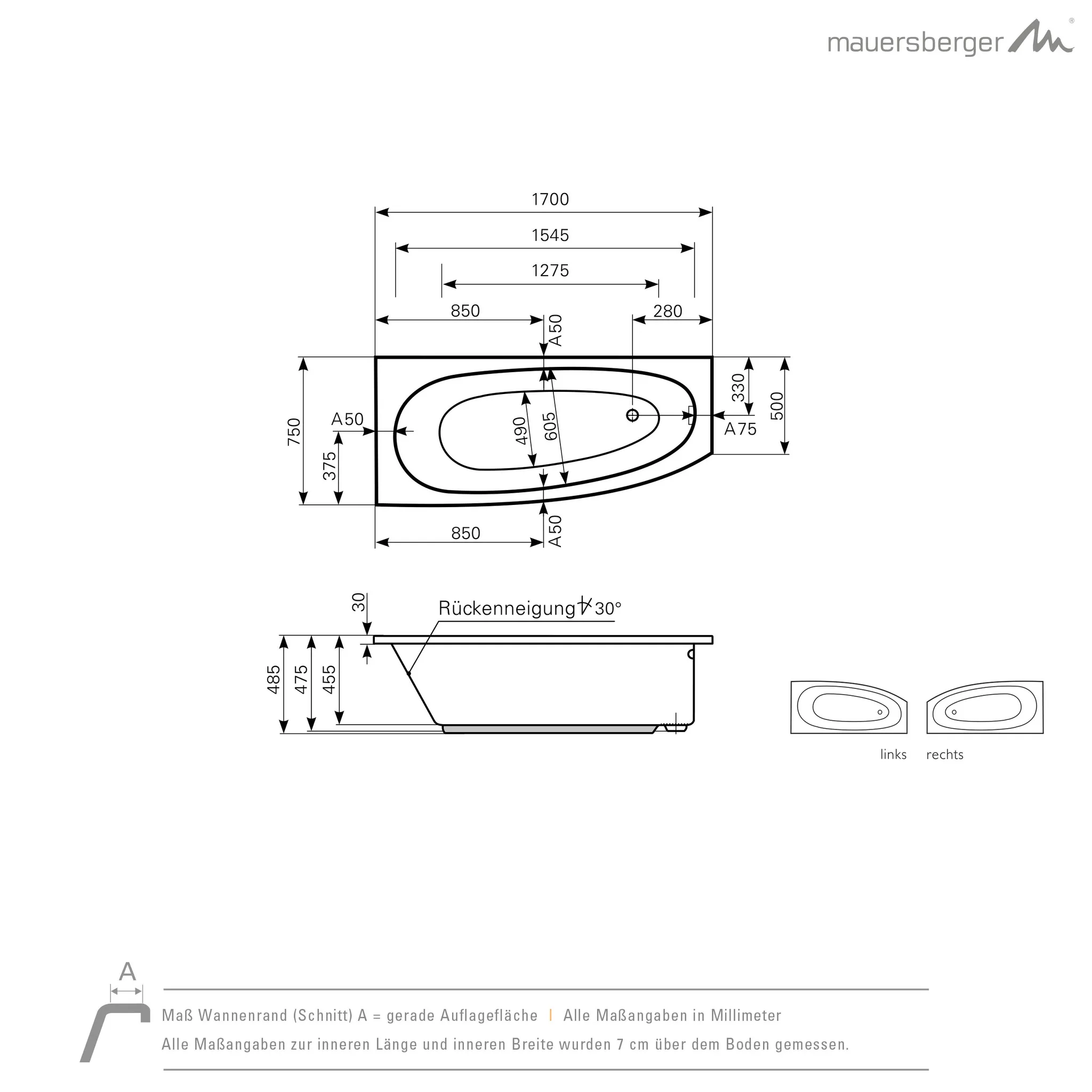 Mauersberger Acryl-Badewanne bombax 170/75 rechts, 1700x750x485, weiß Mauersberger Acryl-Badewanne bombax 170/75 rechts, 1700x750x485, weiß