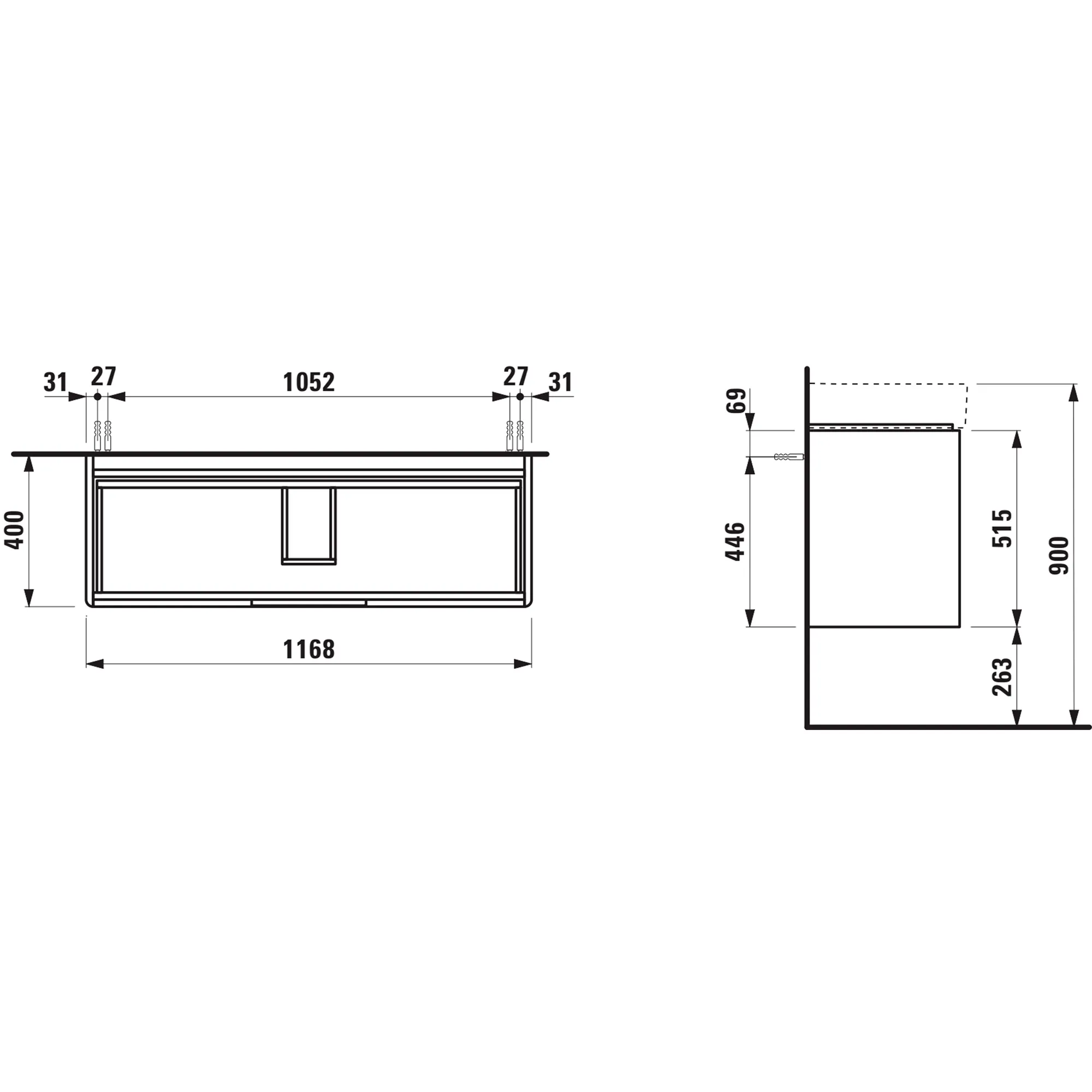 Waschtischunterbau JUNA für VAL 400x1168x515 2 Schubladen mit Griffmulde für Waschtisch H810289 weiß matt