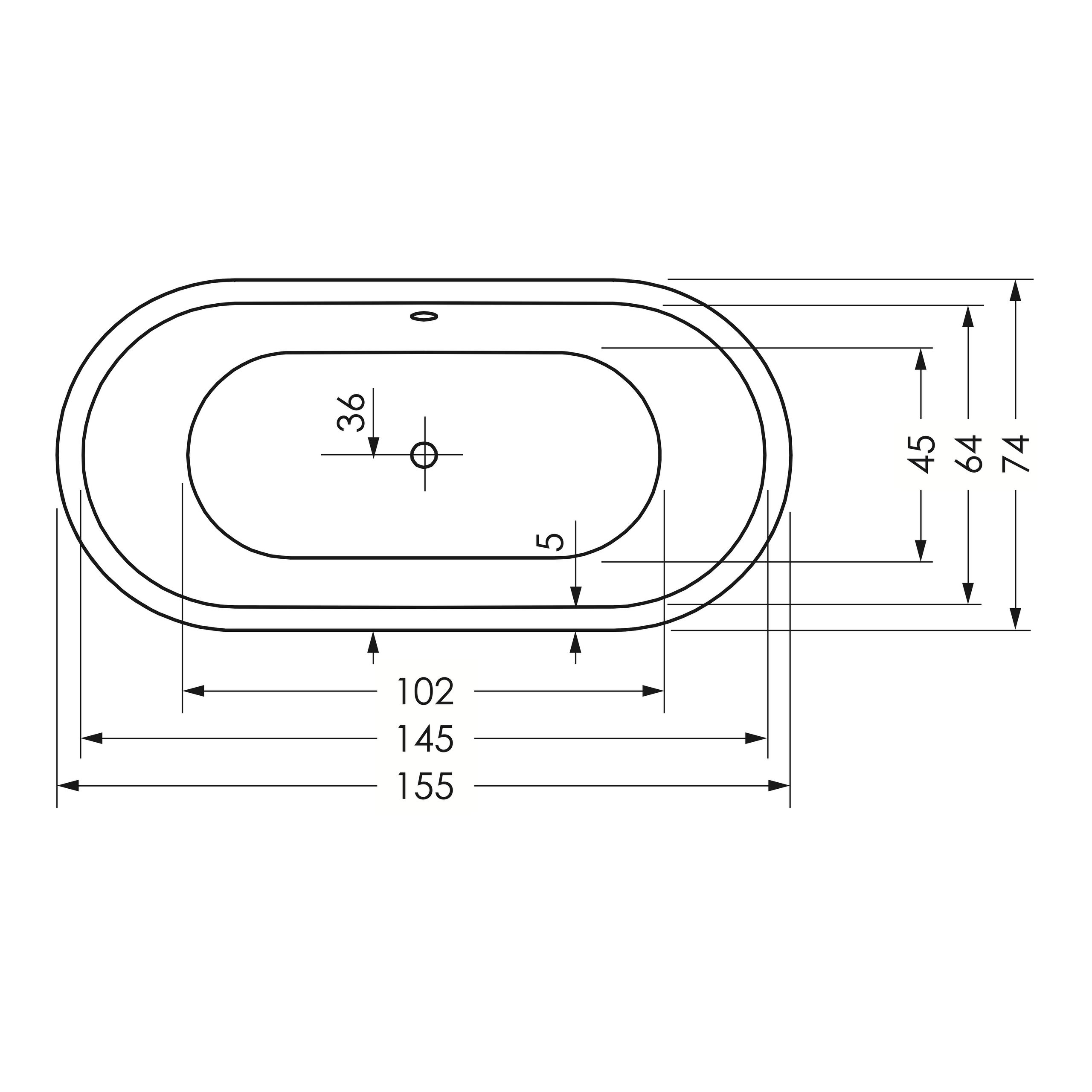 repaBAD Badewanne „Livorno Oval“ freistehend oval 155 × 75 cm, Mittelablauf in Weiß