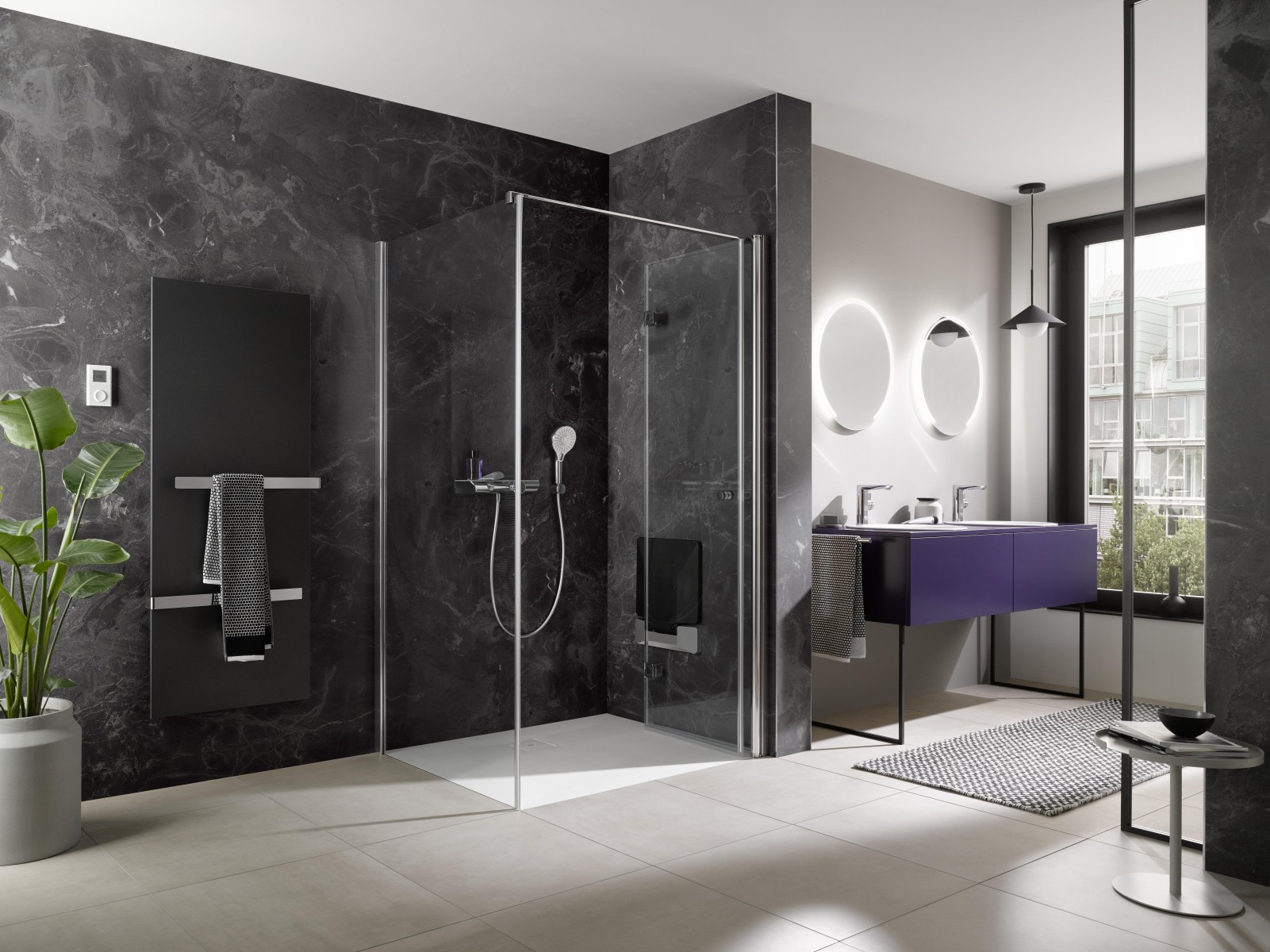 HSK teilgerahmte Drehfalttür pendelbar „Exklusiv 2.0“ für Seitenwand Glas Mattierung mittig (65 cm), Profile Alu Silber-matt, Scharniere Premium Softcube, B: 900 mm H: 2000 mm