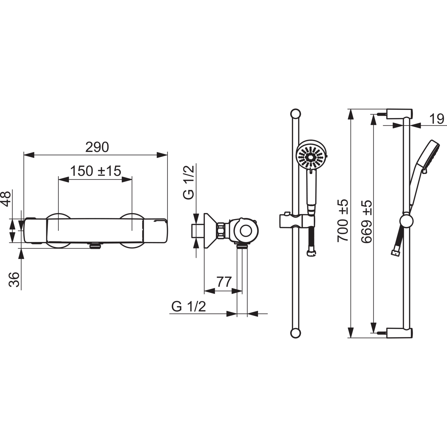 Brausebatterie mit Brausegarnitur BASIC 5515 3-strahlig DN15 Chrom