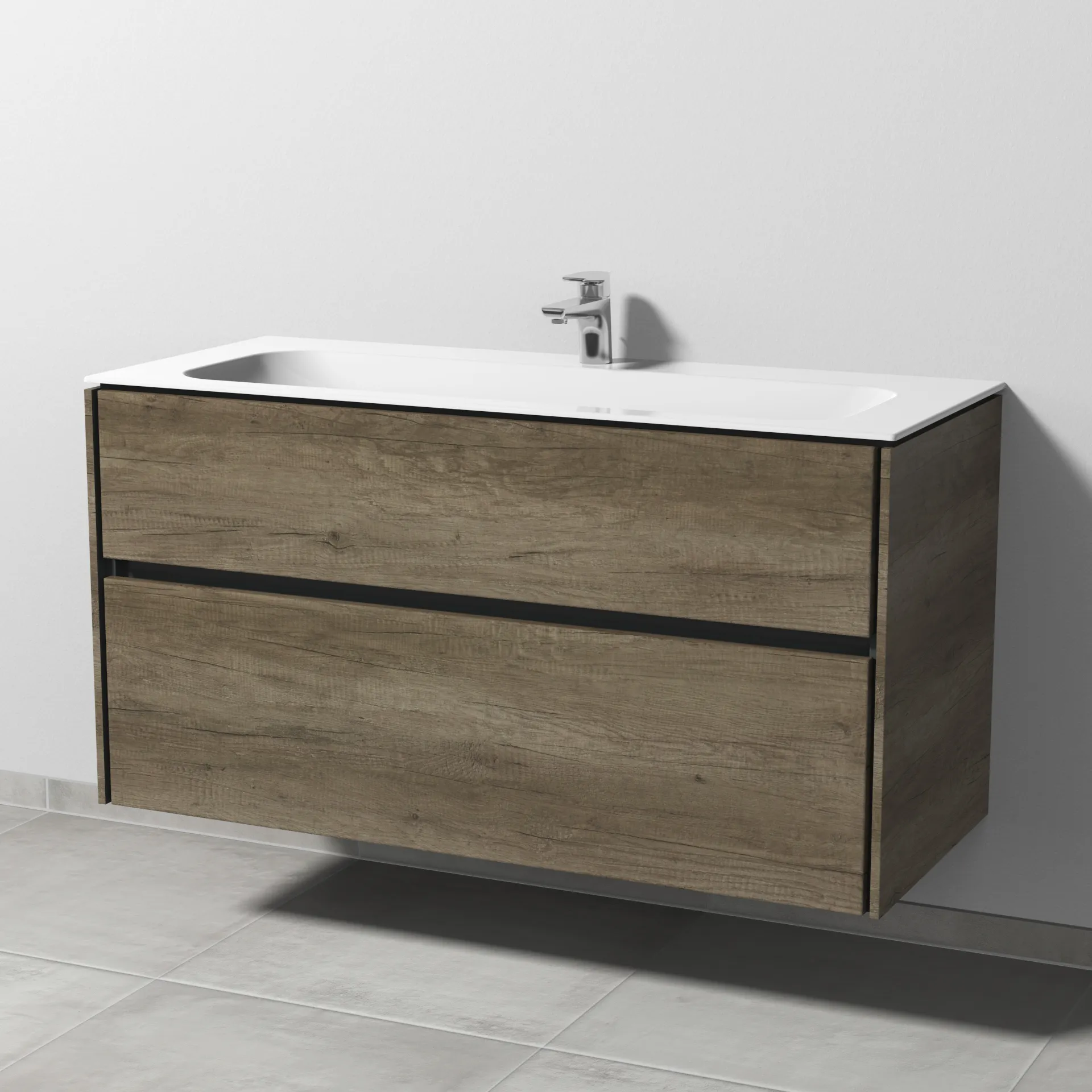 Keramik-Waschtisch-Set mit Waschtischunterschrank „Twiga“ 119 × 50 × 61 cm in Eiche Nebraska, mit Hahnlochbohrung, ohne Beleuchtung Keramik-Waschtisch-Set mit Waschtischunterschrank „Twiga“ 119 × 50 × 61 cm in Eiche Nebraska, mit Hahnlochbohrung, ohne Beleuchtung