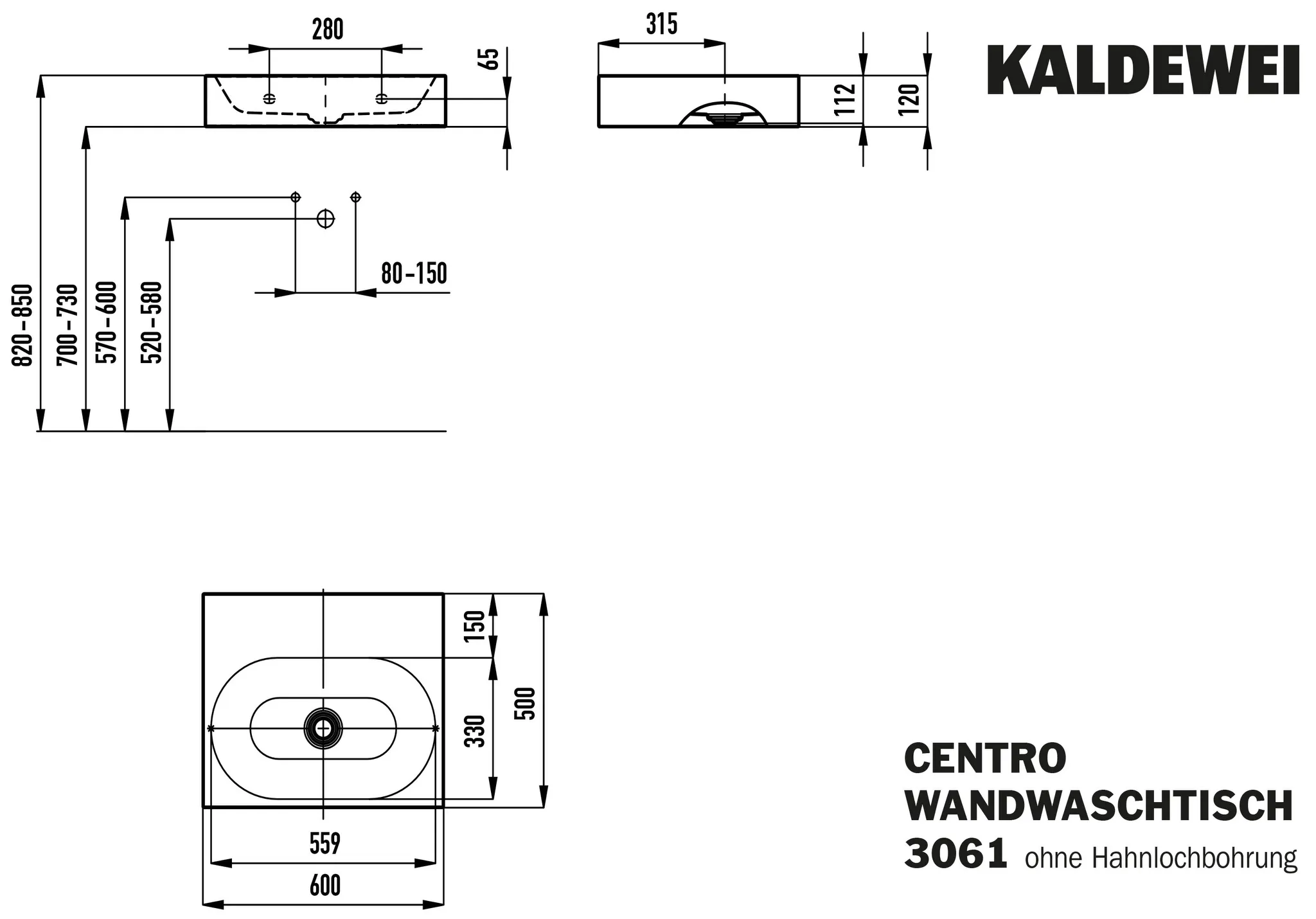 Wandwaschtisch „Centro“ 60 × 50 cm, ohne Hahnlochbohrung in alpinweiß, mit Perl-Effekt