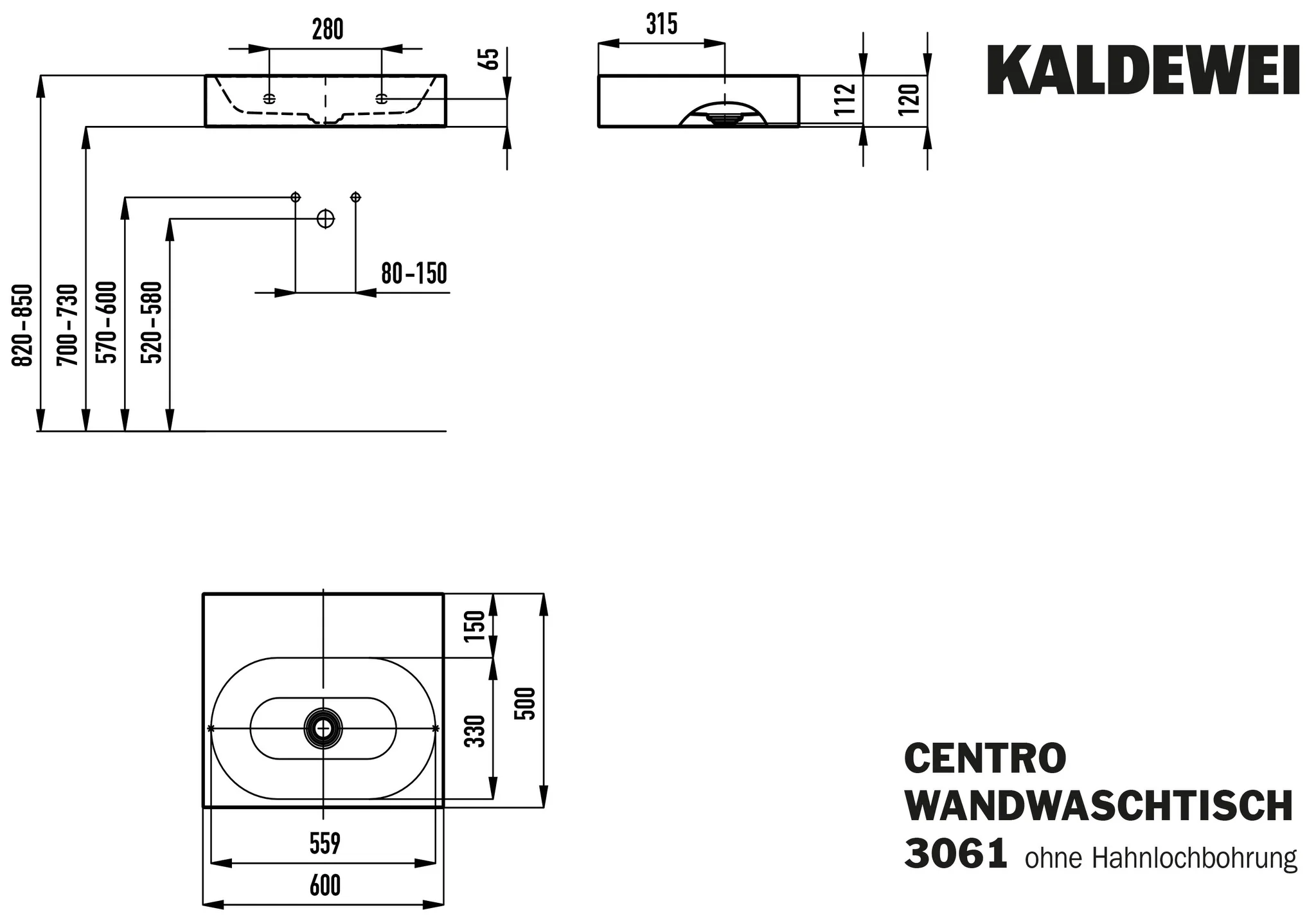 Kaldewei CENTRO Wandwaschtisch, alpinweiß, Perl-Effekt, 600x500 mm, Randhöhe 120 mm, ohne Überlauf