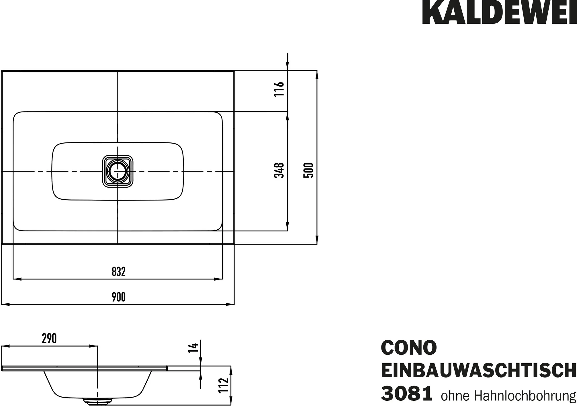 Einbauwaschtisch „Cono“ 90 × 50 cm, mittig, ohne Überlauf, ohne Hahnlochbohrung in schwarz matt mit Perl-Effekt
