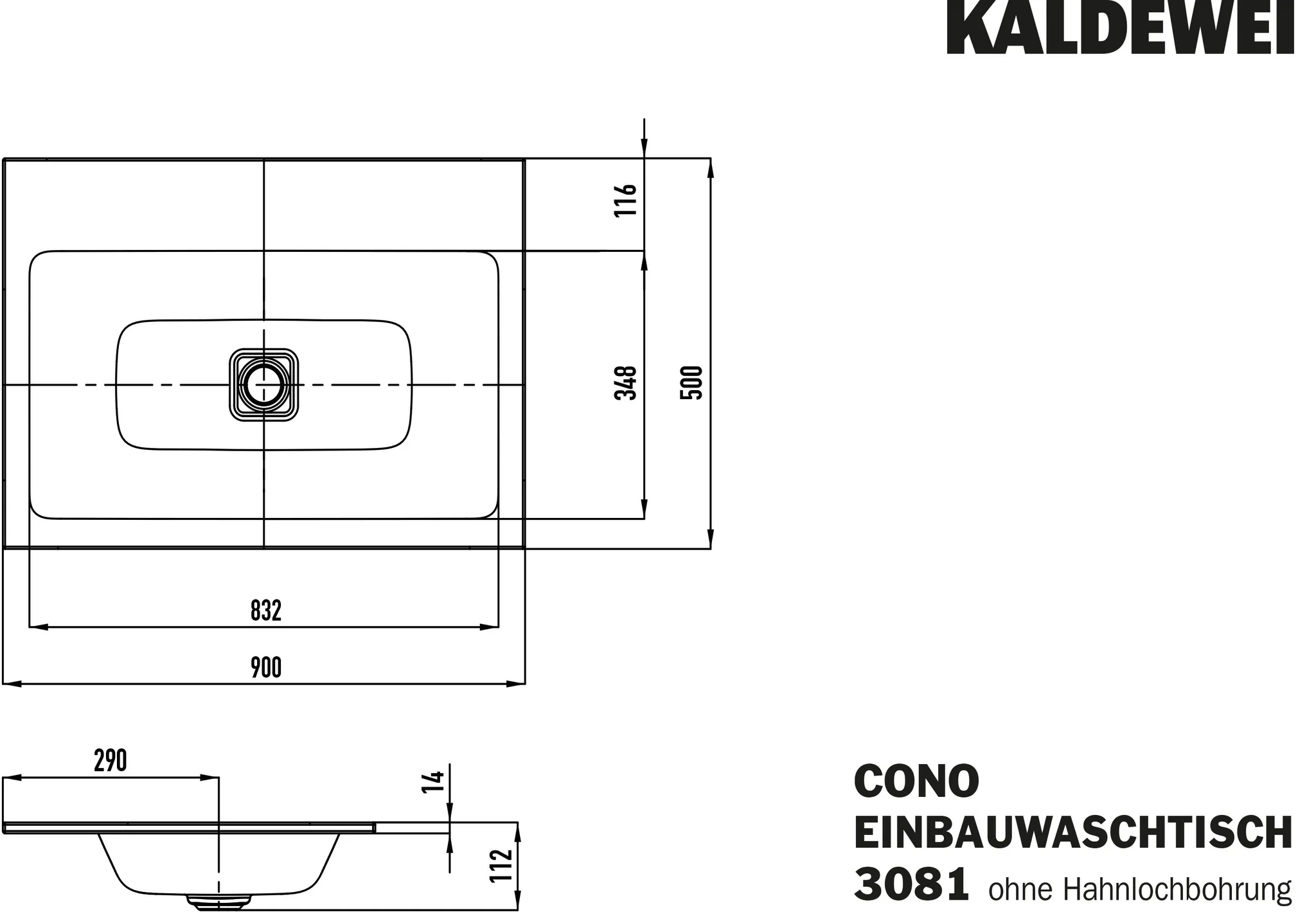 Kaldewei CONO Einbauwaschtisch, schwarz matt 100, Perl-Effekt, Antidröhn, 900x500 mm, Randhöhe 14 mm