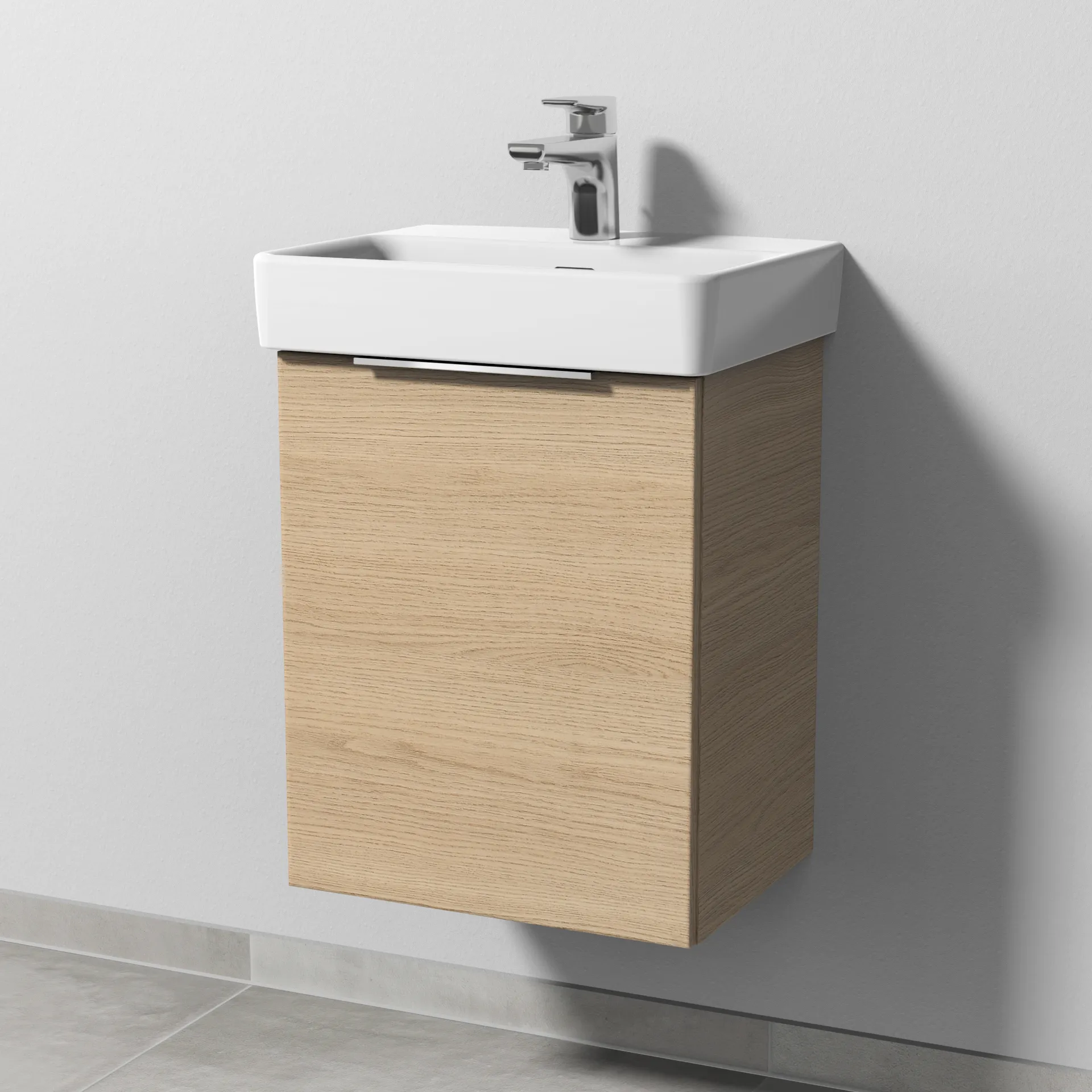 Sanipa Waschtischunterschrank „3way“ passend zu Keramik-Waschtische Pro S von 410 × 520 × 317 mm in Eiche Nordic, Anschlag links