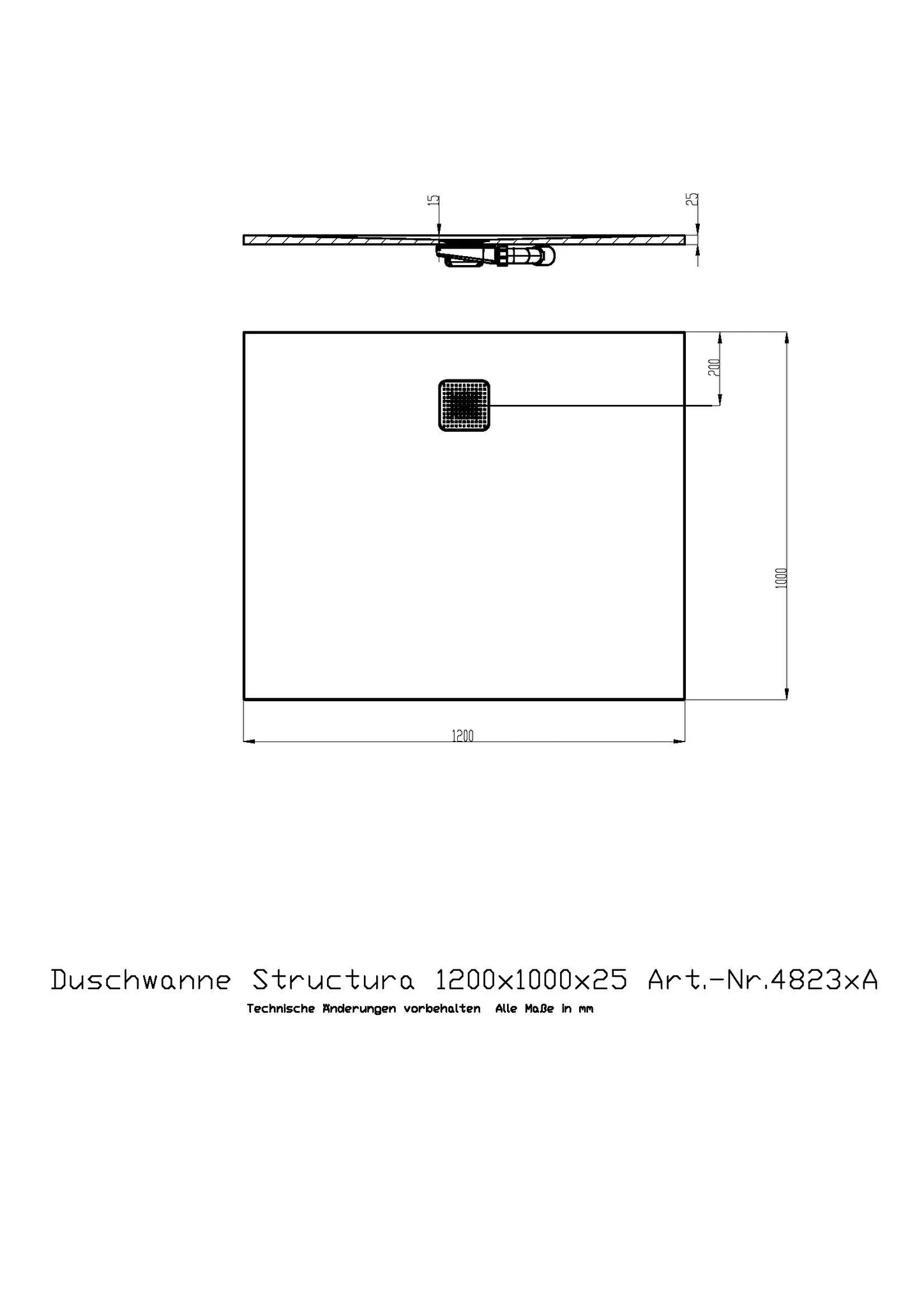Duschwanne Structura 1200x1000x25 in gesoftete Schieferoptik, mit Antirutsch B, Material Solique, Weiß