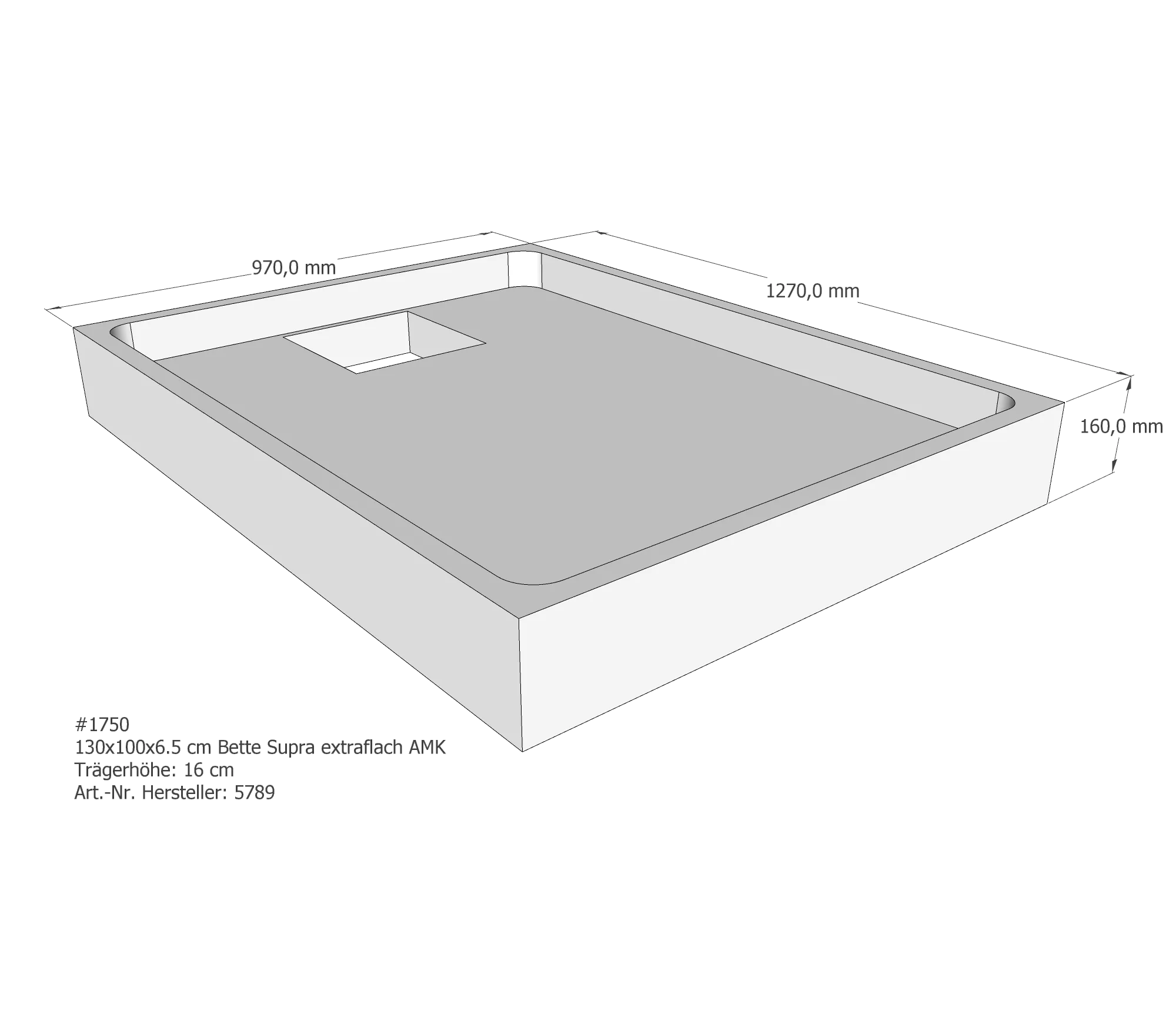Duschwannenträger für Bette Supra (extraflach) 130 × 100 × 6,5 cm Breite: 100 cm / Länge: 130 cm