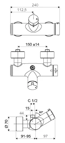 Aufputz-Duscharmatur VITUS VD-Auf/Zu-T / o, Mischwasser, Thermostat, Auf/Zu-Aufputz-Duscharmatur, 2 RFV, Thermische Desinfektion, 2x DN 15 G 1/2 AG, DN 15 G 1/2 AG (oben), chrom