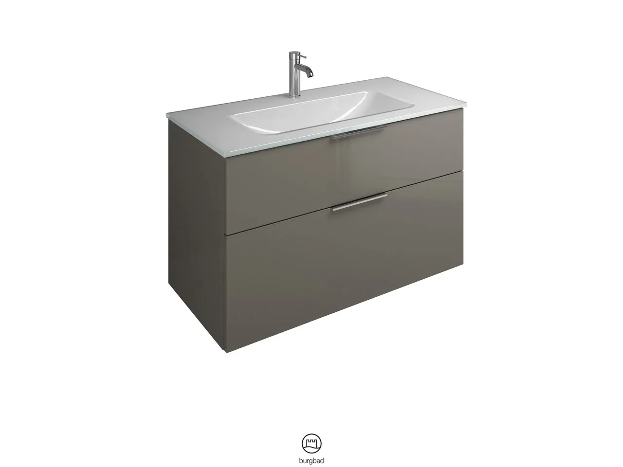 burgbad Badmöbelset Glas-Waschtisch inkl. Waschtischunterschrank „Eqio“ 102 × 61,5 × 49 cm Griff, Chrom, Frassino Dekor Cappuccino (Melamin)