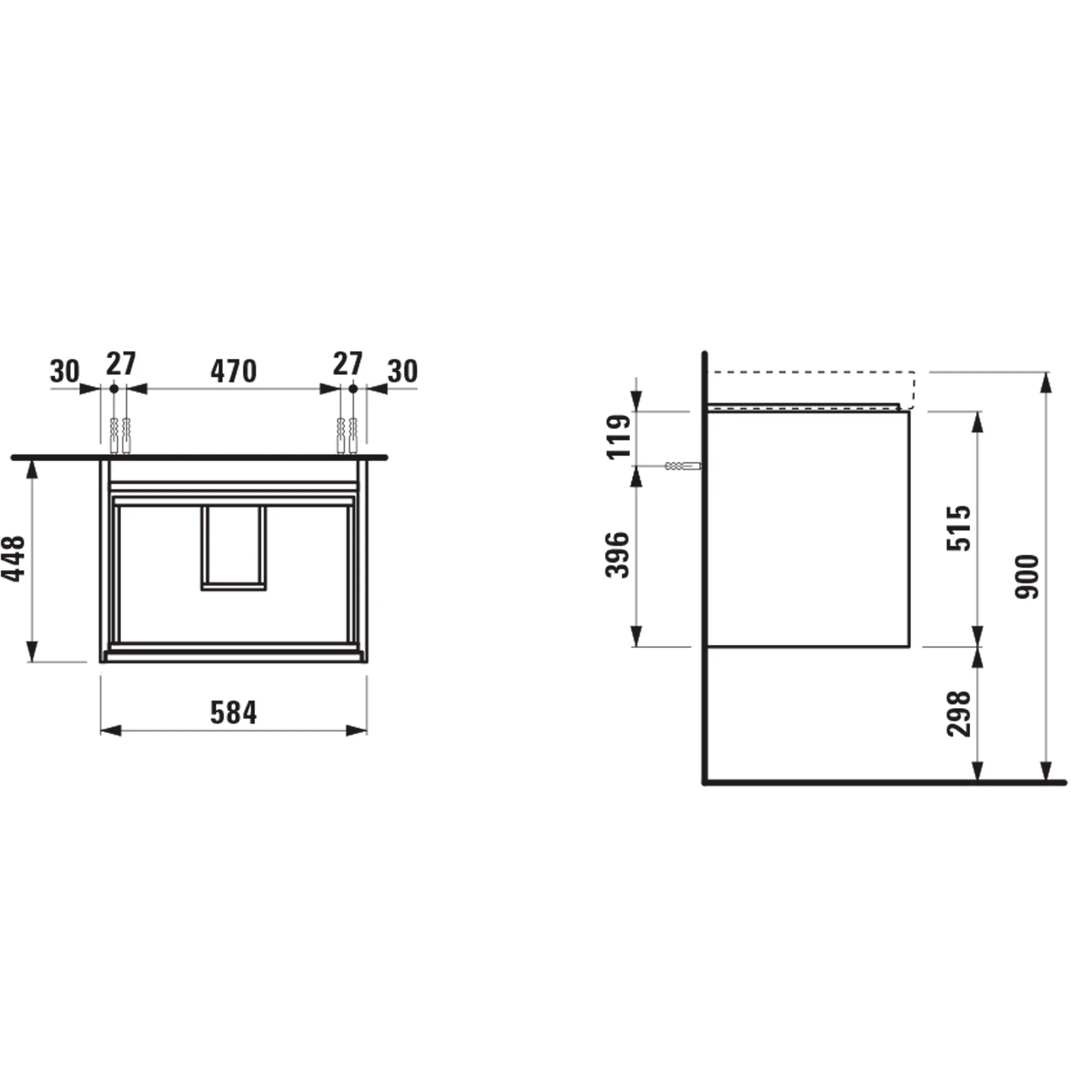 Waschtischunterbau, MEDA, 448x584x515, mit 2 Schubladen, 1 Ordnungssystem, integrierte Griffleiste, Vollauszug und Soft-Close, für Waschtisch MEDA H810113 (60 cm), weiß matt