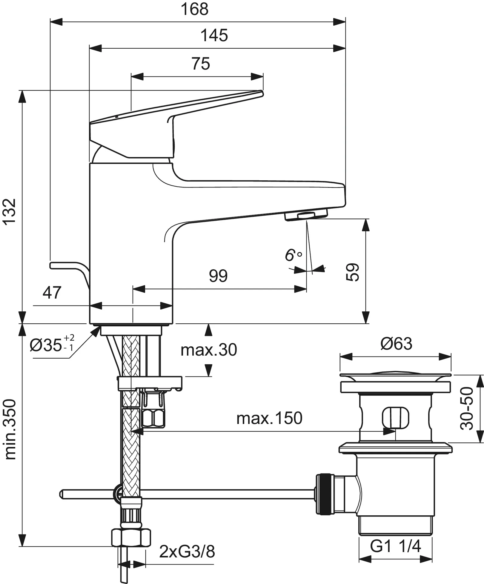 Waschtischarmatur Ceraplan H60 mit Ablaufgarnitur Ausladung 99mm Easyfix+ Chrom