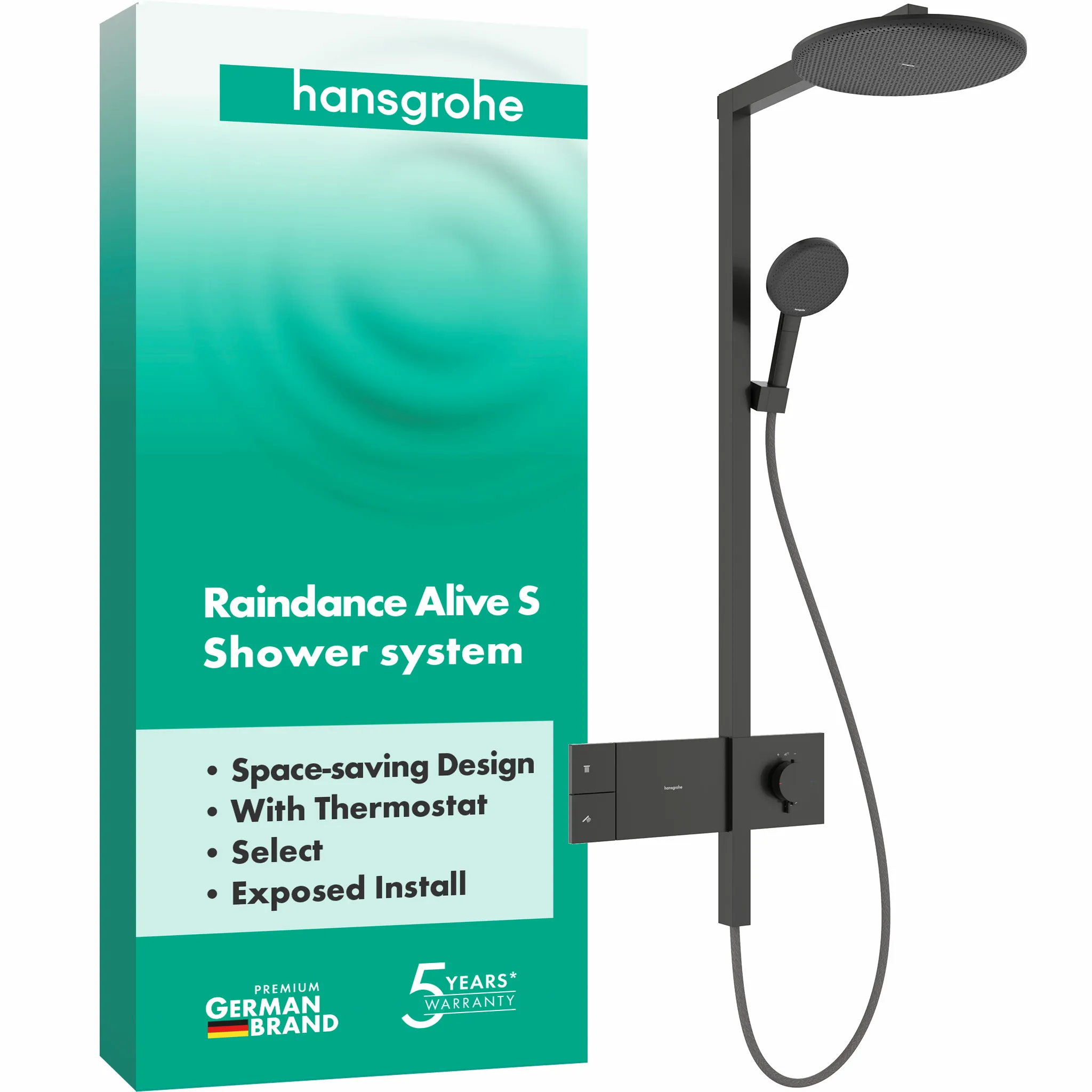 Hansgrohe Showerpipe Raindance Alive S, Brushed Black Chrome, 300 mm Kopfbrause, 1 Jet, Thermostat BBC, Aufputzinstallation