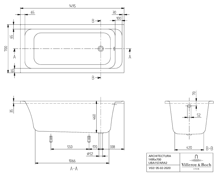 Villeroy & Boch Badewanne „Architectura“ rechteck 150 × 70 cm, rechteckig, Fußablauf 