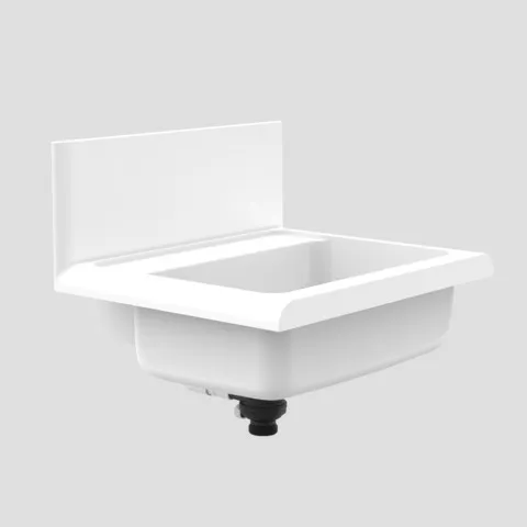 Ausgussbecken mit Spritzschutzrückwand „lineo“ mit verdecktem Überlauf und Push-Open Ventil in Weiß Alpin Ausgussbecken mit Spritzschutzrückwand „lineo“ mit verdecktem Überlauf und Push-Open Ventil in Weiß Alpin