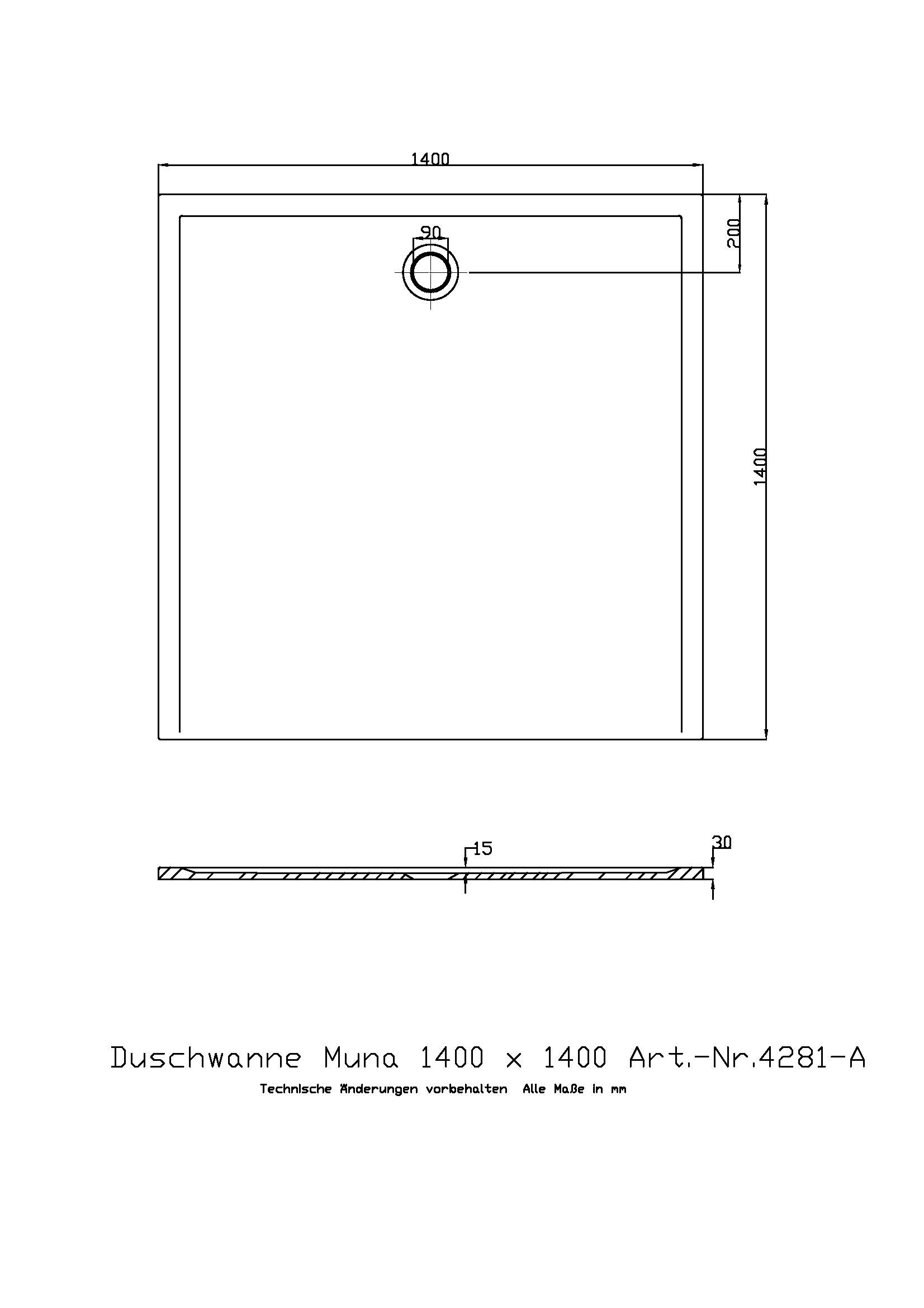 Duschwanne „Muna S“ Quadrat 140 × 140 cm in Weiß