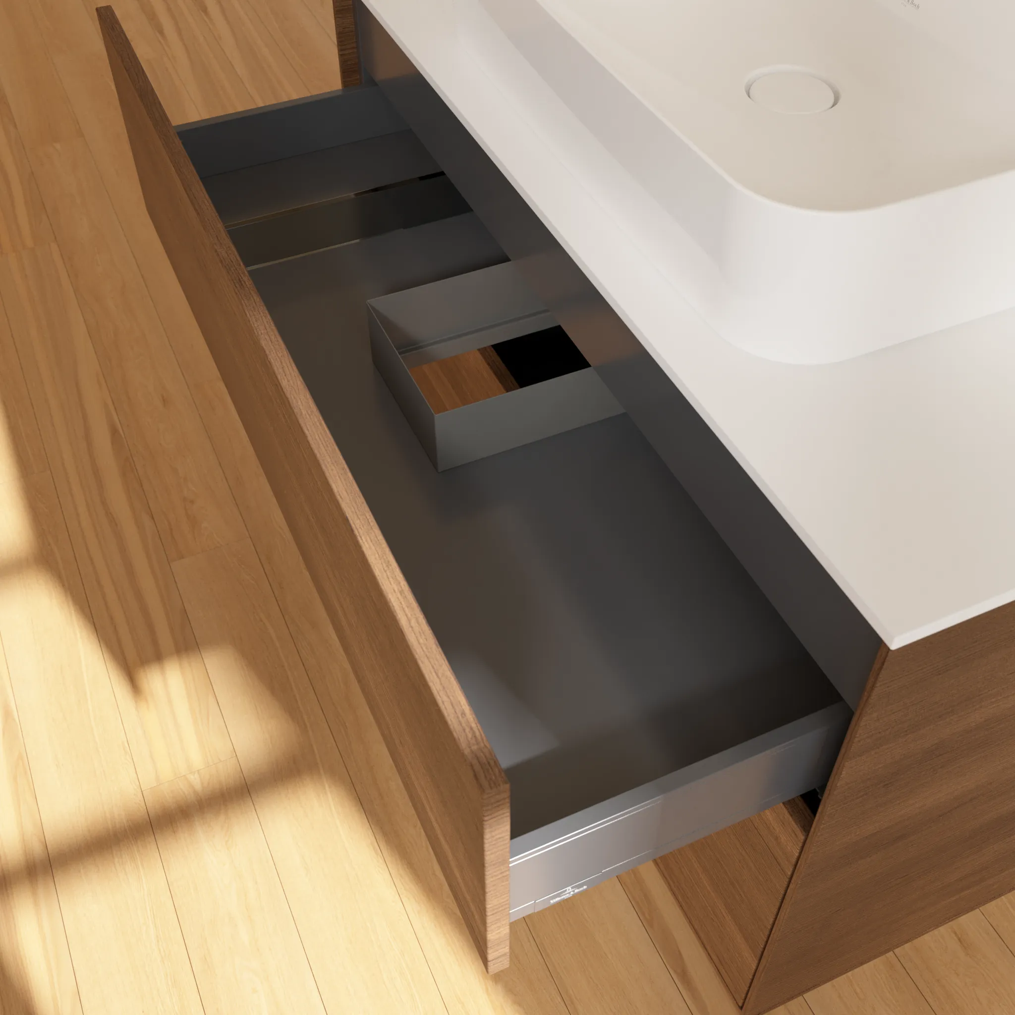 Villeroy & Boch Waschtischunterschrank „Finion“ für Schrankwaschtisch 1000 × 603 × 501 mm Walnut Veneer, für Becken mittig Villeroy & Boch Waschtischunterschrank „Finion“ für Schrankwaschtisch 1000 × 603 × 501 mm Walnut Veneer, für Becken mittig
