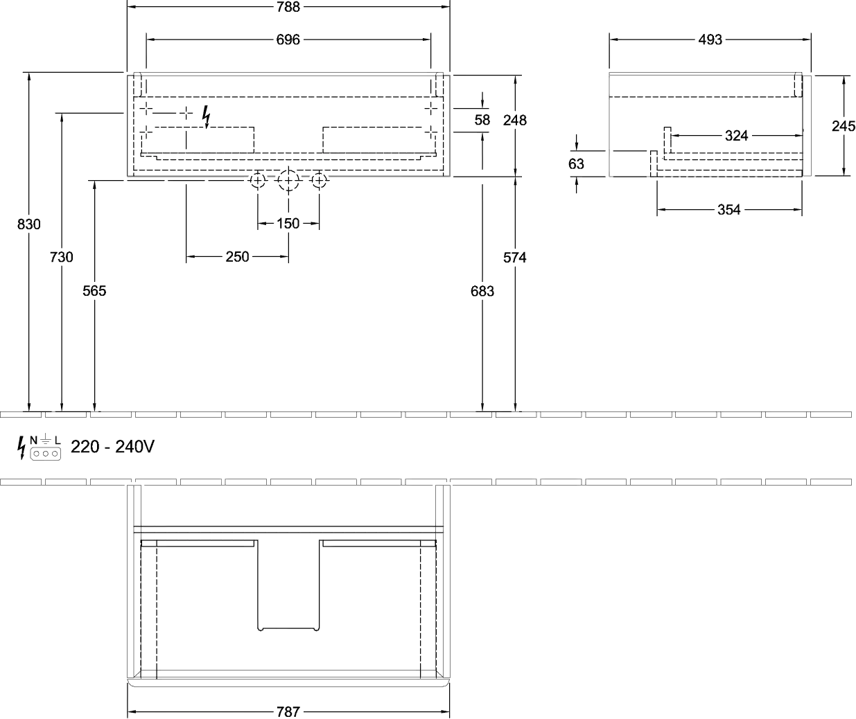 Villeroy & Boch Waschtischunterschrank für Schrankwaschtisch „Antao“ 788 × 256 × 496 mm Midnight Blue Matt Lacquer, für Becken mittig, mit Beleuchtung
