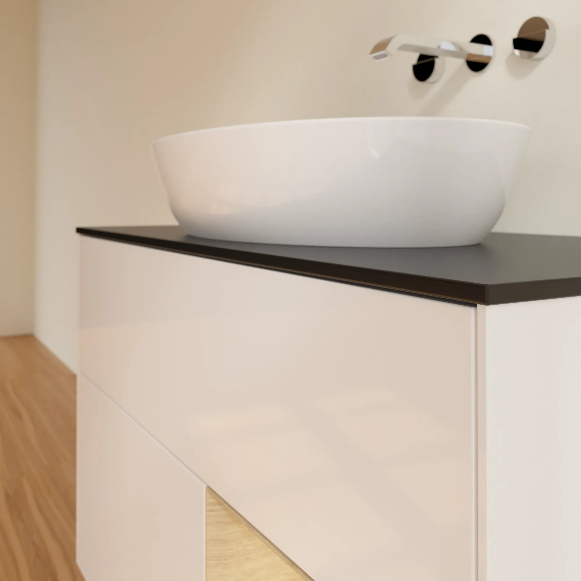 Villeroy & Boch Finion FA2 Waschbeckenunterschrank, 1000 x 603 x 501 mm, Glossy White Lacquer / Oak Veneer / Glass Black Matt