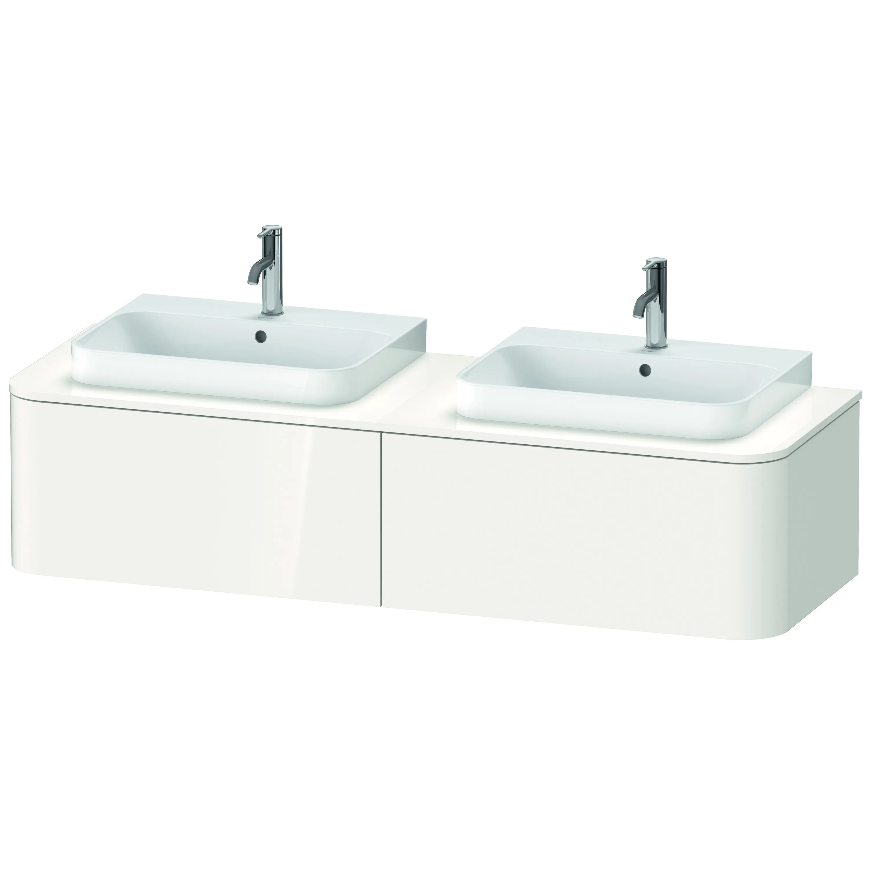 Duravit Waschtischunterschrank wandhängend „Happy D.2 Plus“ 160 × 35,4 × 55 cm Weiß Hochglanz Becken: links und rechts / Beleuchtung: ohne / Front- & Korpusfarbe: Weiß Hochglanz / Größe: 160 × 55 × 35,4 cm / Oberfläche: Dekor / Schubladen: 2