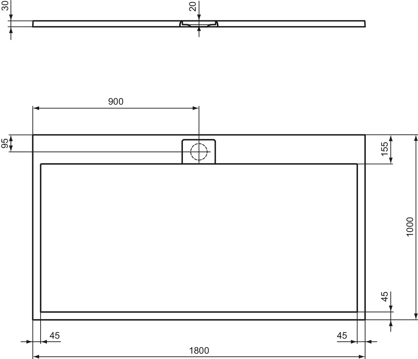 Ideal Standard Duschwanne „UltraFlatSi.life“ 100 × 180 cm in Quarzgrau