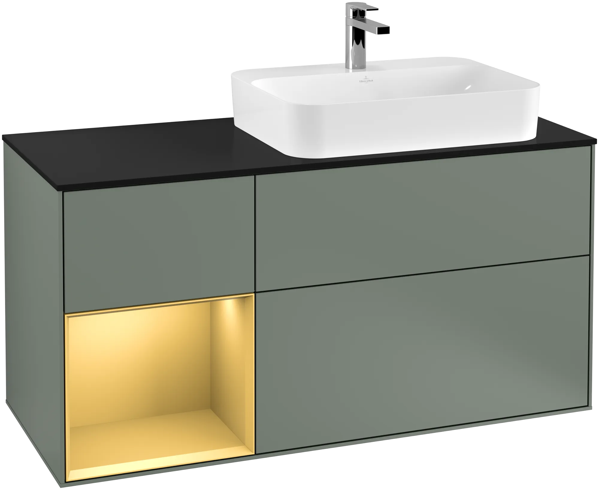 Villeroy & Boch Finion Waschbeckenunterschrank F39 1200x603x501mm Olive Matt Lacquer / Gold Matt Lacquer / Glass Black Matt