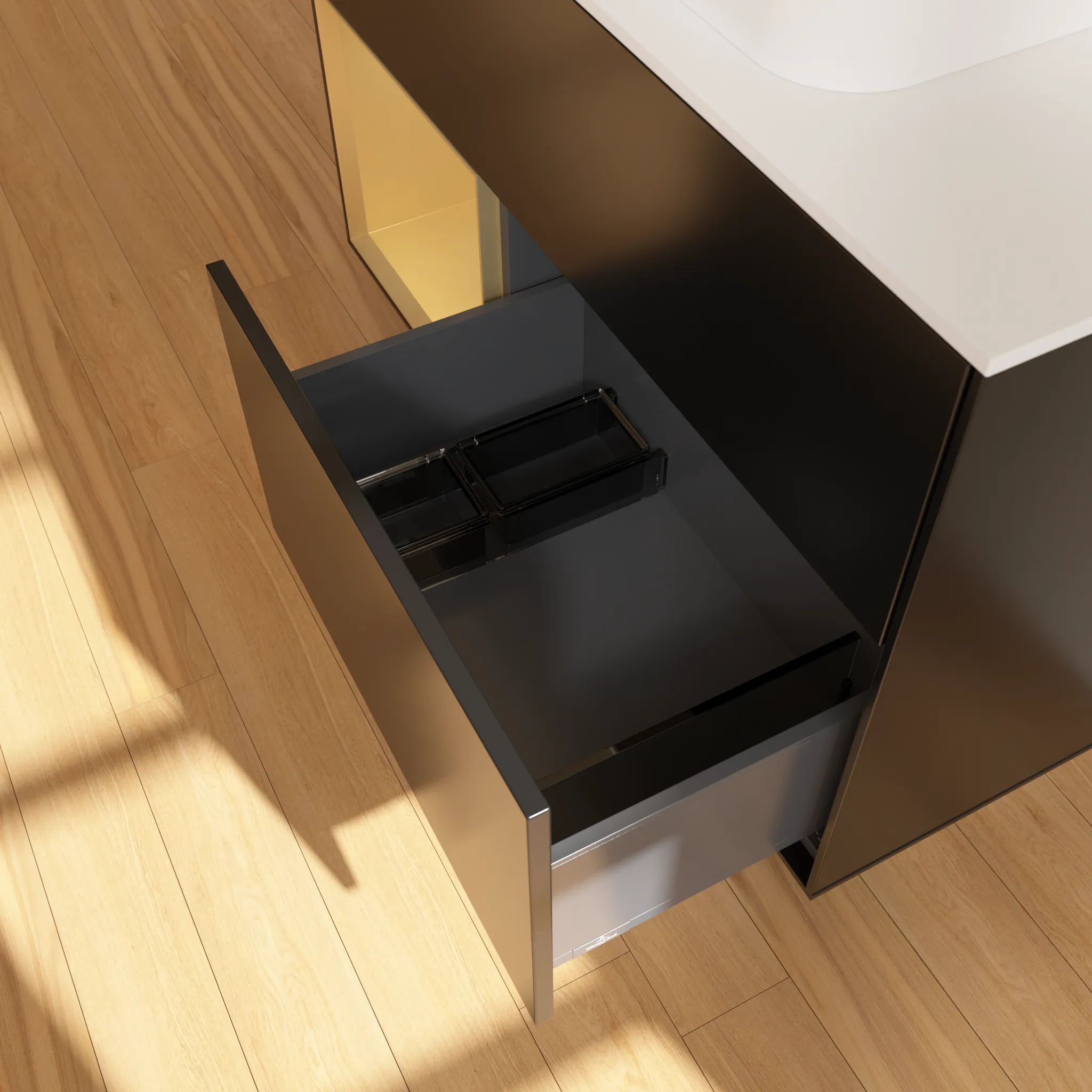 Villeroy & Boch Waschbeckenunterschrank Finion F24, 1000x603x501 mm, Black Matt Lacquer mit Gold Regal, Beleuchtung dimmbar, Push-to-open, SoftClosing