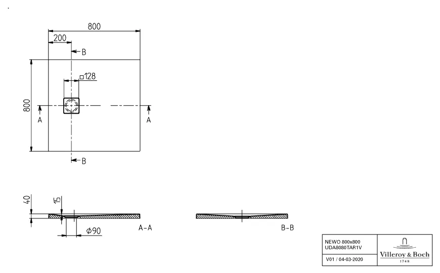 Villeroy & Boch quadrat Duschwanne Flächenbündiger Einbau „Newo“ 80 × 80 cm ohne Oberflächenbeschichtung, in Weiß Alpin Villeroy & Boch quadrat Duschwanne Flächenbündiger Einbau „Newo“ 80 × 80 cm ohne Oberflächenbeschichtung, in Weiß Alpin
