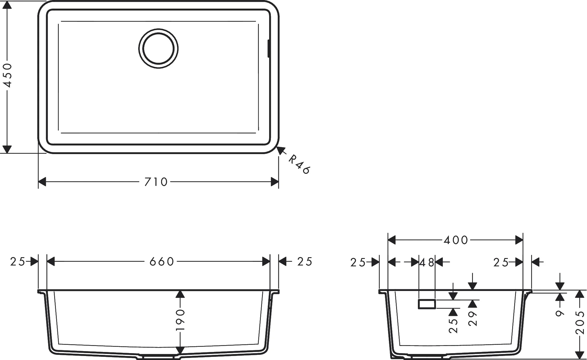 Hansgrohe S51 Unterbauspüle 660 Steingrau, 80 cm Unterschrank, 658 x 398 mm Ausschnitt, 7 mm Wandstärke