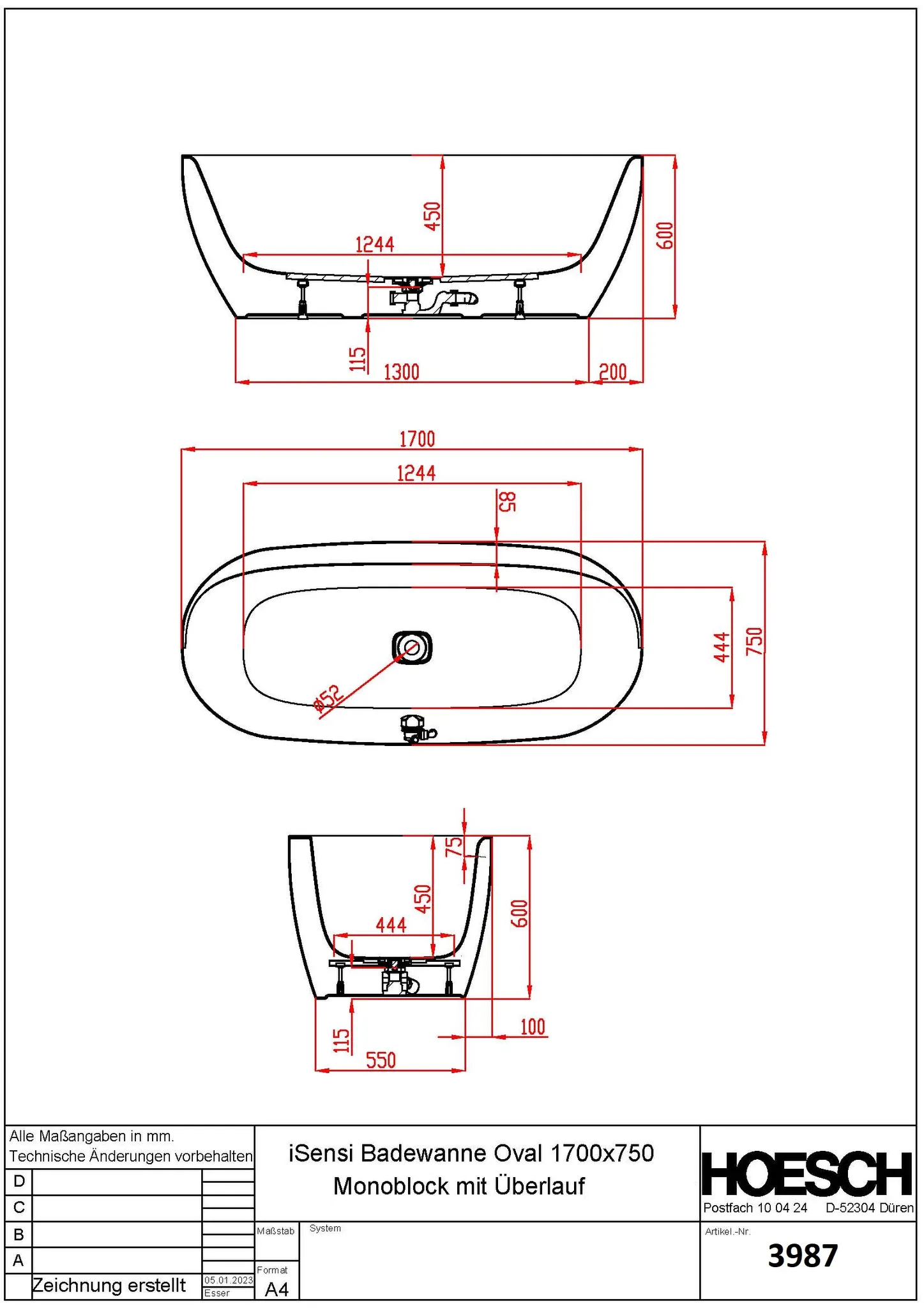 Hoesch Badewanne „iSensi“ Monolith freistehend oval 170 × 75 cm in Weiß
