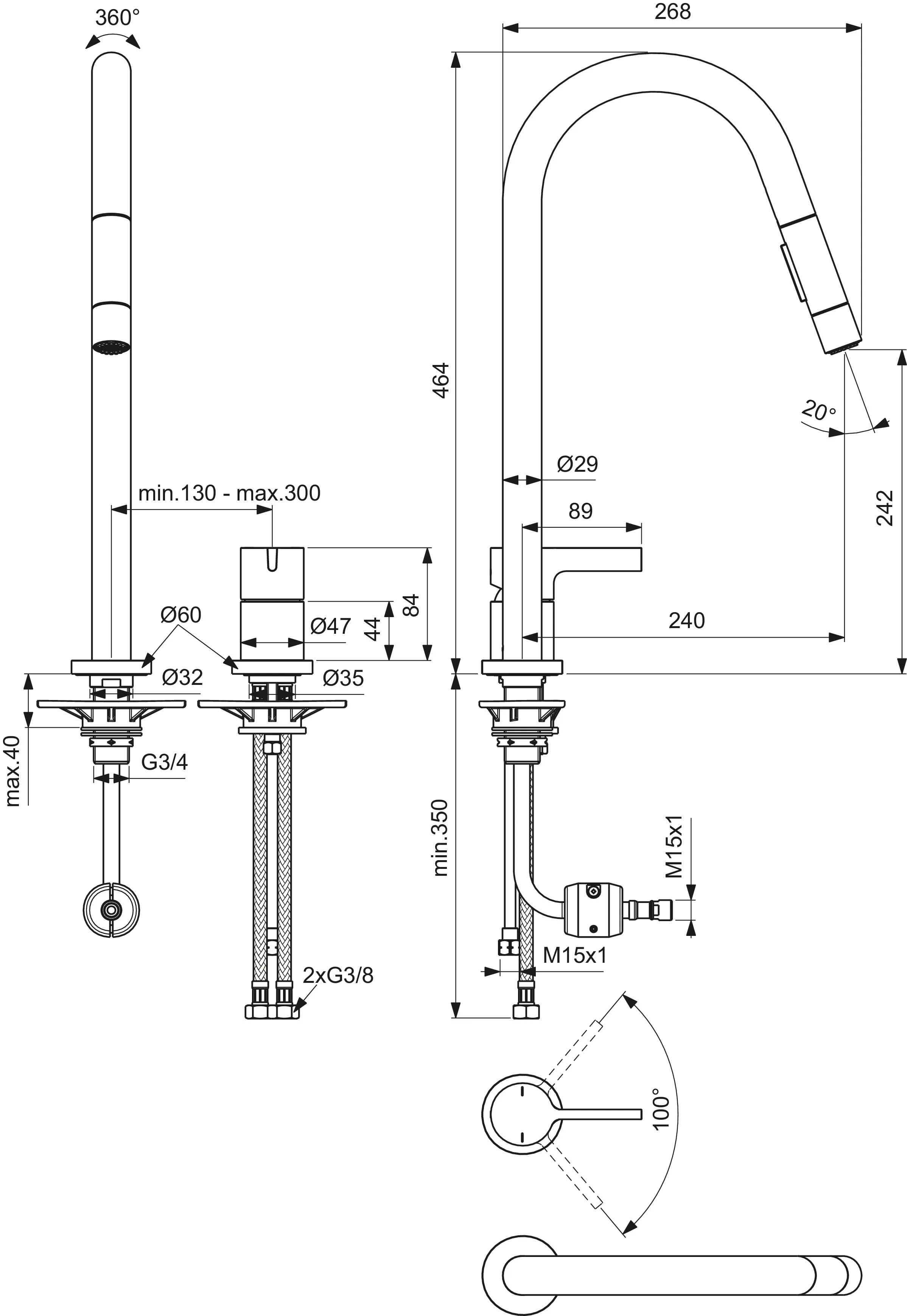 Ideal Standard Gusto 2-Loch-Küchenarmatur Ausladung 240mm 2-Funktions-Brause Chrom Ideal Standard Gusto 2-Loch-Küchenarmatur Ausladung 240mm 2-Funktions-Brause Chrom