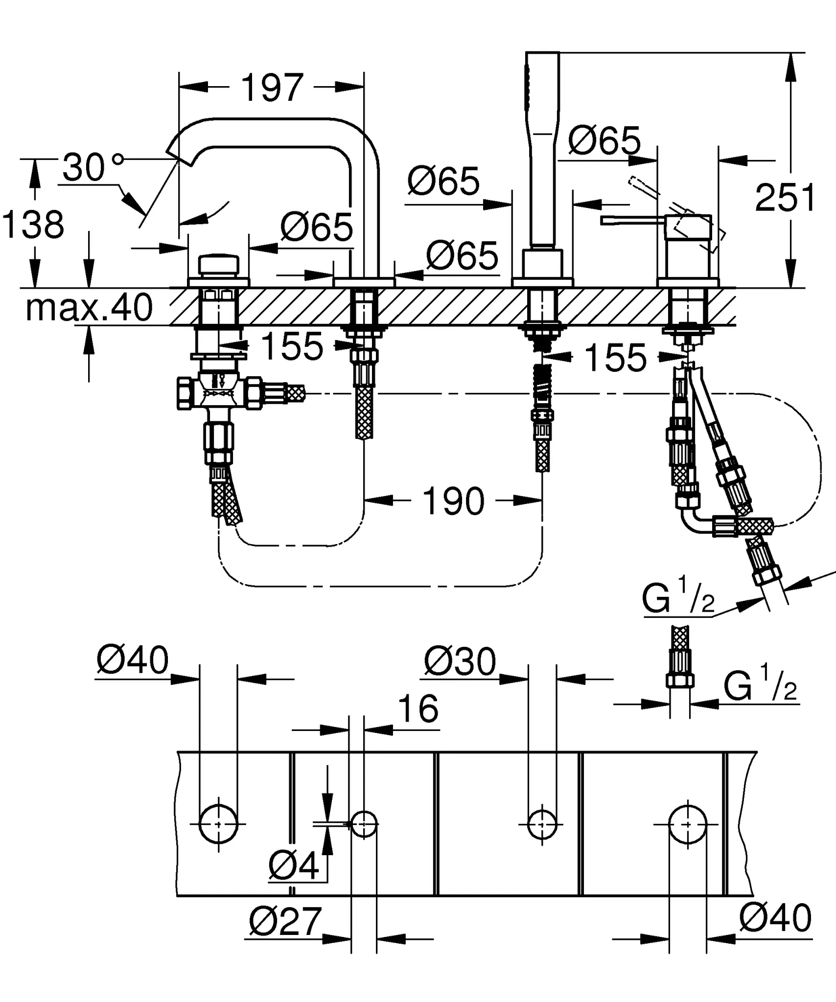 Grohe Essence 4-Loch-Einhand-Wannenkombination, hard graphite gebürstet Grohe Essence 4-Loch-Einhand-Wannenkombination, hard graphite gebürstet