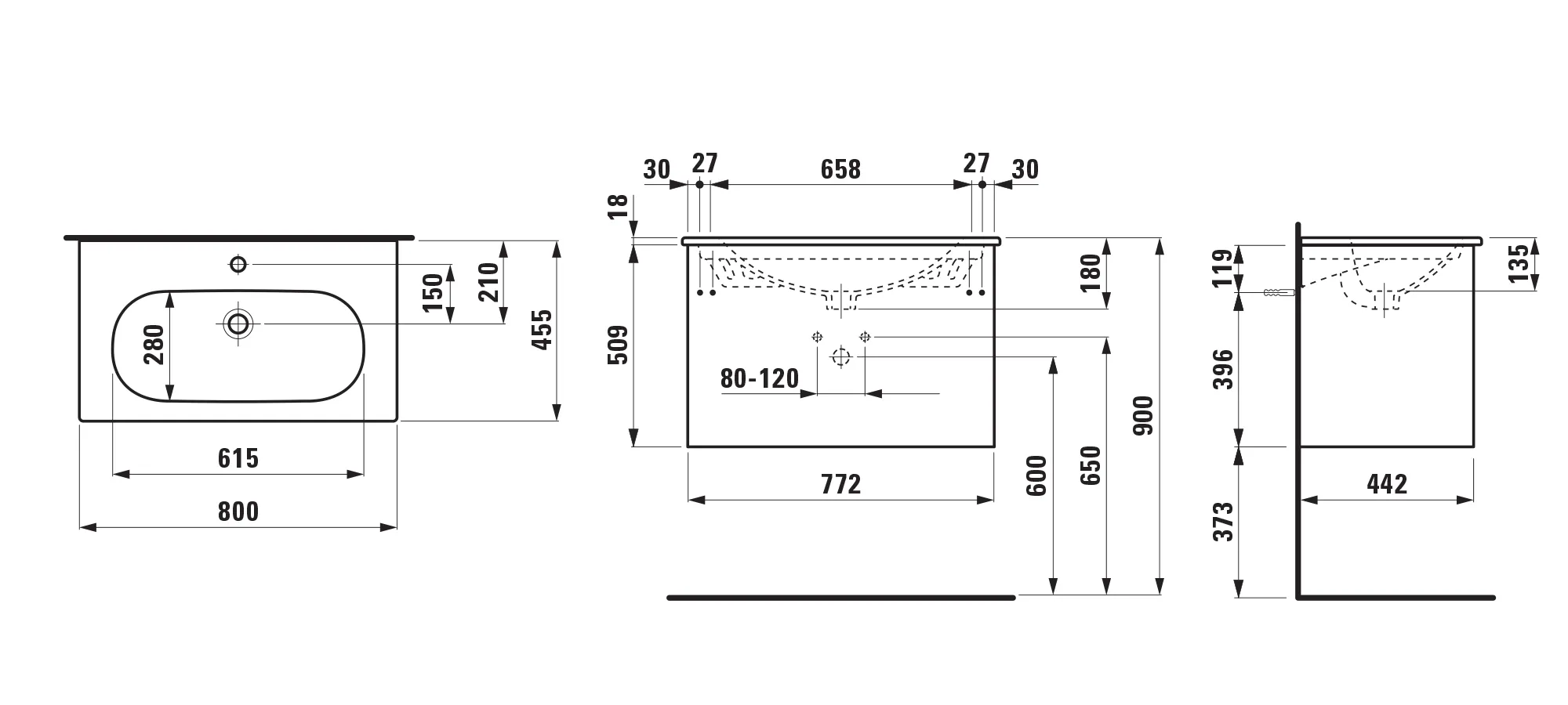 Waschtisch+Waschtischunterbau LUA SET LANI 455x800x527 1 Hahnloch mit Überlauf 2 Schubladen mit integrierter Griffleiste mit Soft-Close Funktion Weiß/Weiß matt