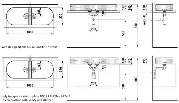 Doppelwaschtisch-Schale SONAR 370x1000x140 ohne Hahnloch ohne Überlauf mit Textur außen weiß Doppelwaschtisch-Schale SONAR 370x1000x140 ohne Hahnloch ohne Überlauf mit Textur außen weiß