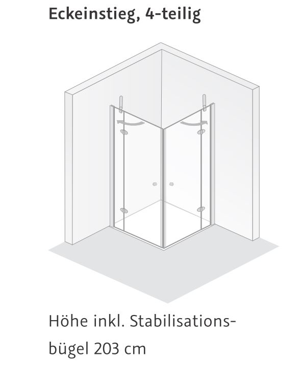 HSK teilgerahmte Eckeinstieg 4-teilig „Premium Classic“ Glas Klar hell, Profile Chromoptik (Alu Hochglanz poliert), H: 2000 mm HSK teilgerahmte Eckeinstieg 4-teilig „Premium Classic“ Glas Klar hell, Profile Chromoptik (Alu Hochglanz poliert), H: 2000 mm