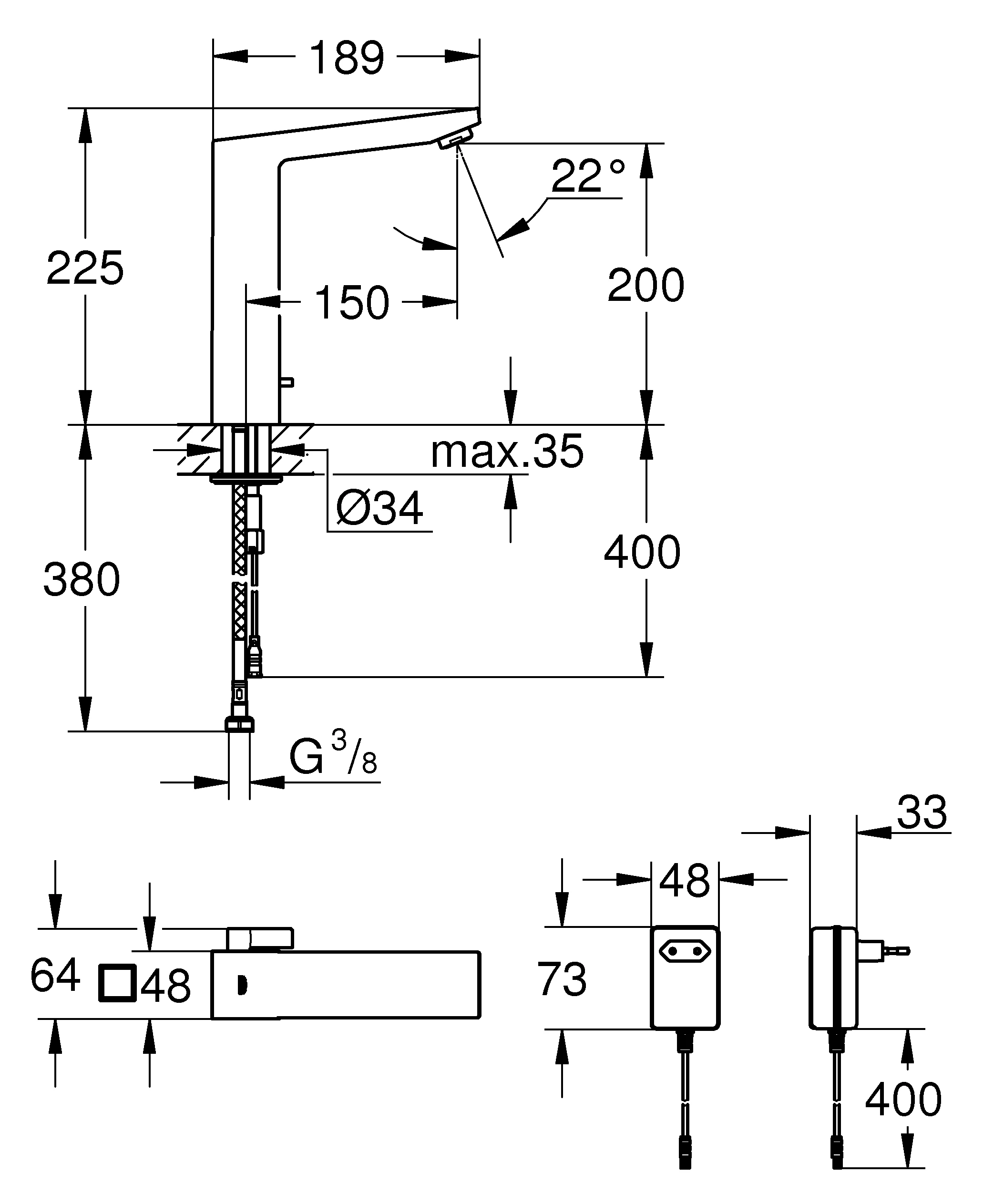 Infrarot-Elektronik für Waschtisch Eurocube E 36440, DN 15 mit Mischung und variabel einstellbarem Temperaturbegrenzer, mit Steckertrafo 100-230 V AC, 50-60 Hz, 6 V DC, chrom